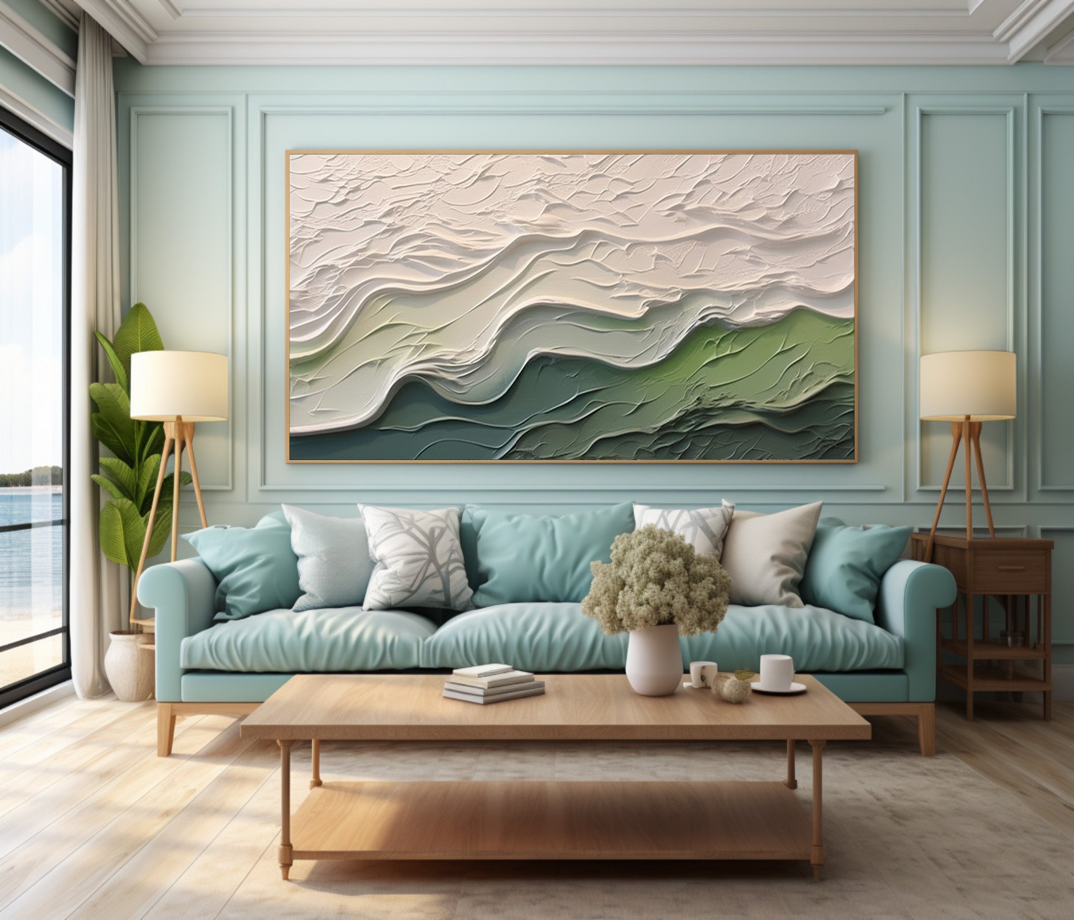 Contemporary Wall Art Green and White Abstract Piece #AG 094