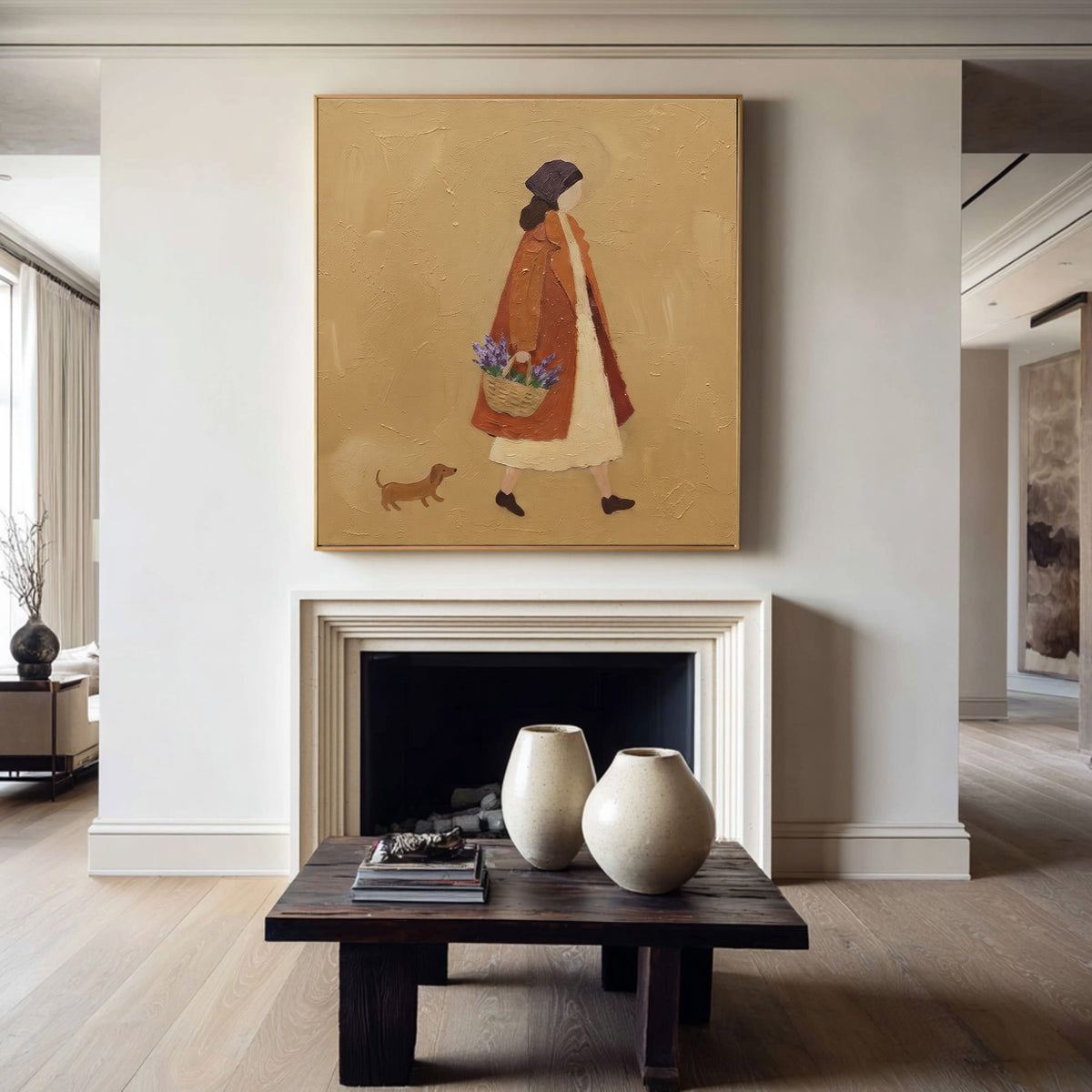 A Stroll Through The Countryside Woman Walking Dog Original Figurative Painting Warm Rustic Wall Art