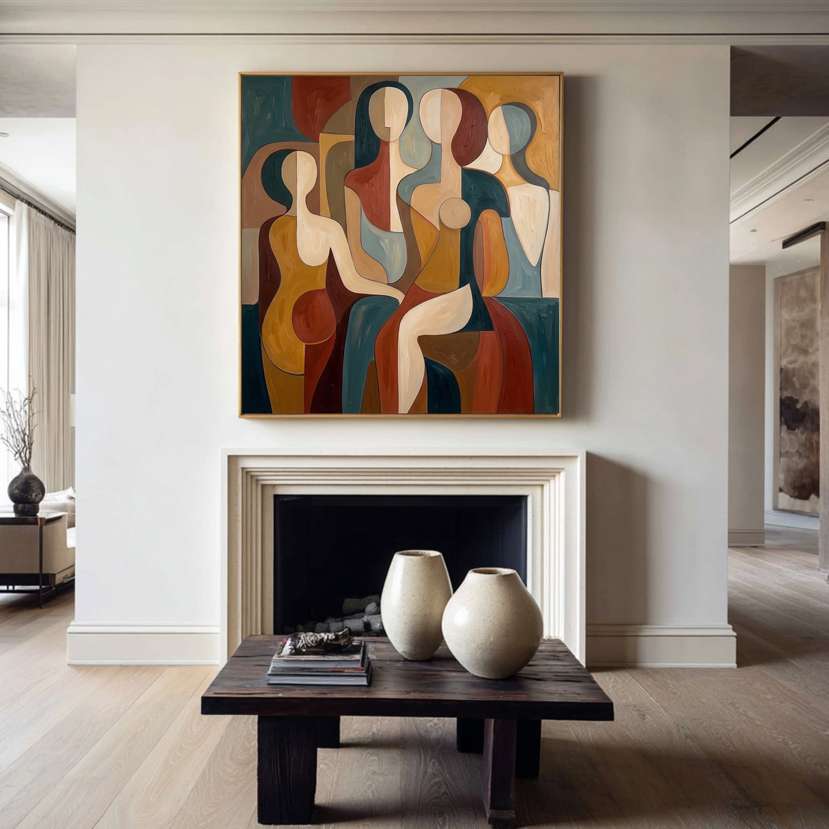 Large Geometric Abstract Female Figures Wall Art Modern Cubist Inspired Oil Painting Colorful Figurative Portrait Contemporary Living Room Decor