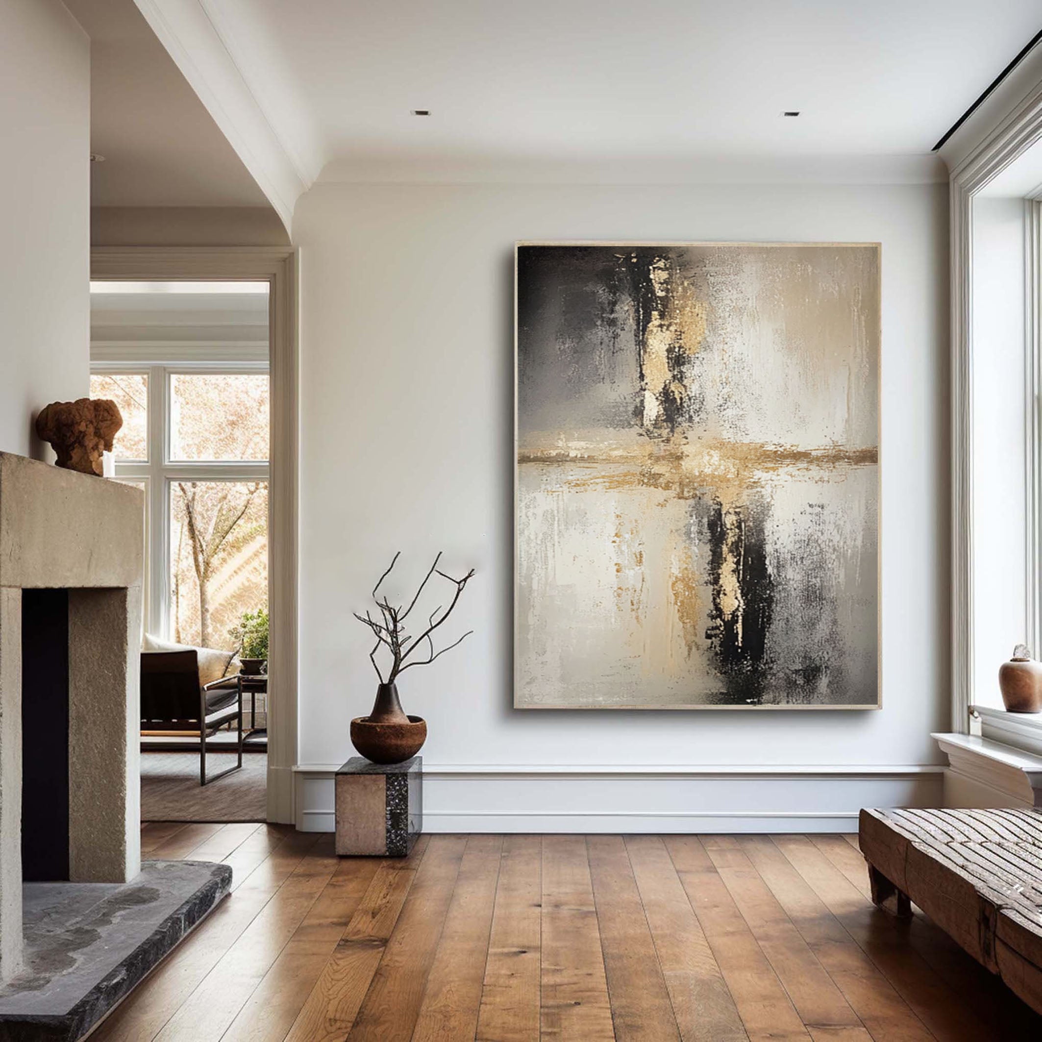 Textured Balance: Minimalist Art with Impasto Cross and Depth #MM572