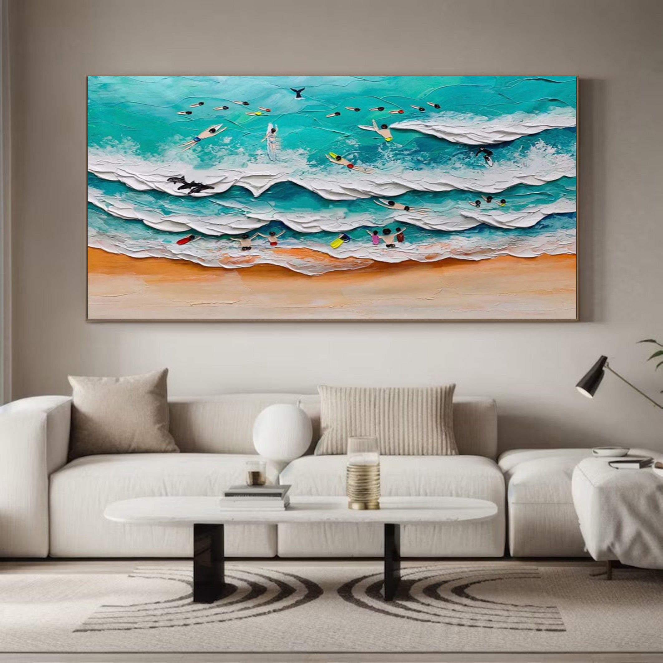 Coastal Thrills: Vibrant Textured Surfer Wall Painting #MM515