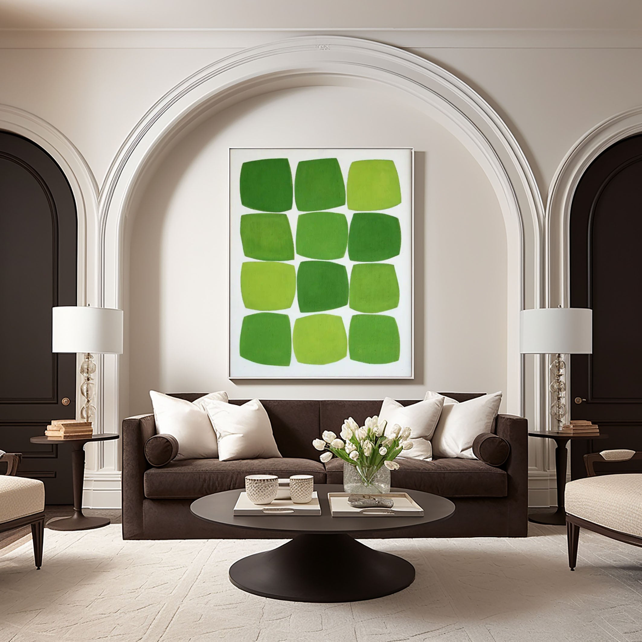 لوحة تجريدية معاصرة بمربعات خضراء، تصميم بسيط #AB019