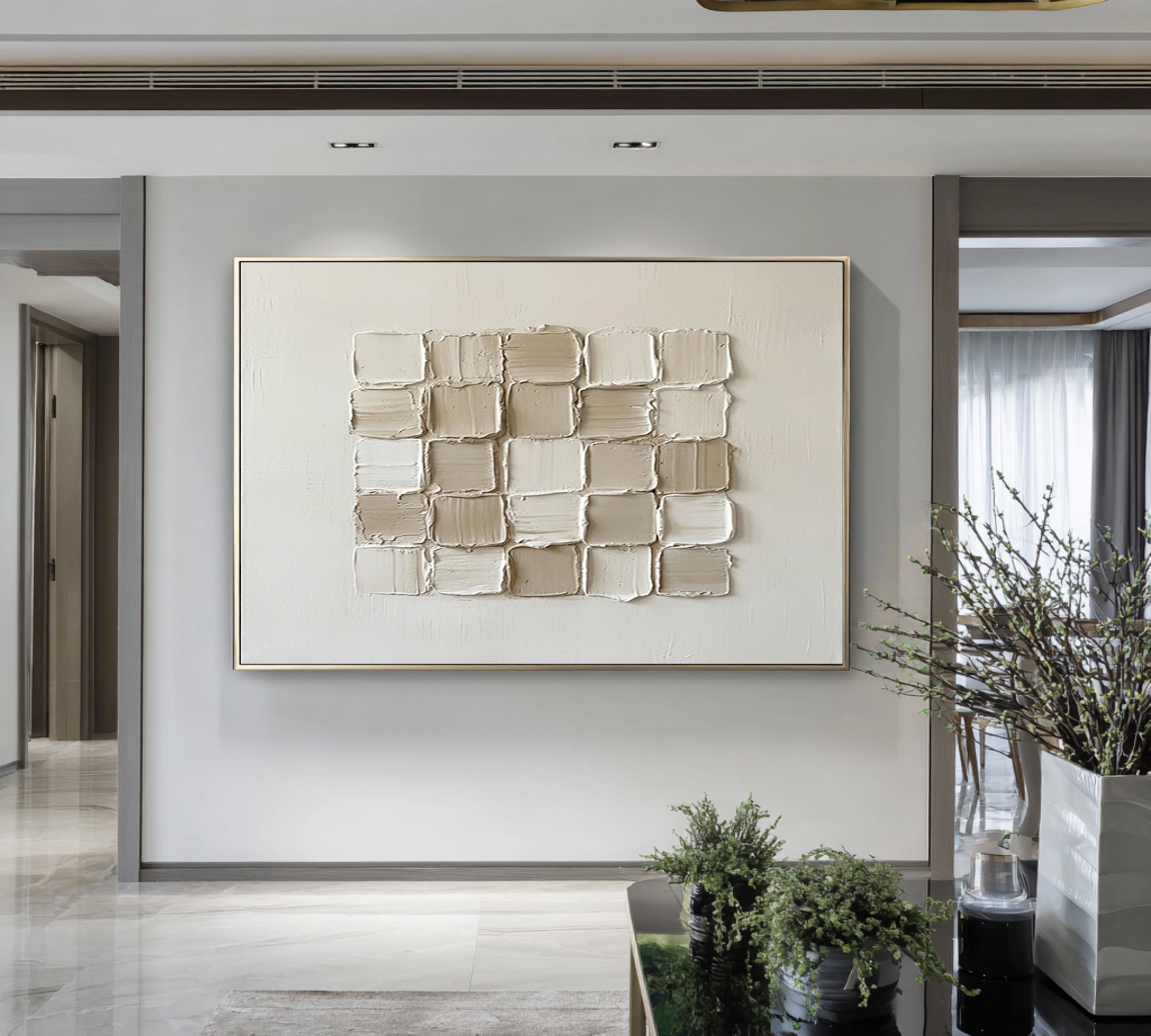 Large Ivory Textured Canvas Art Contemporary Geometric Wall Decor