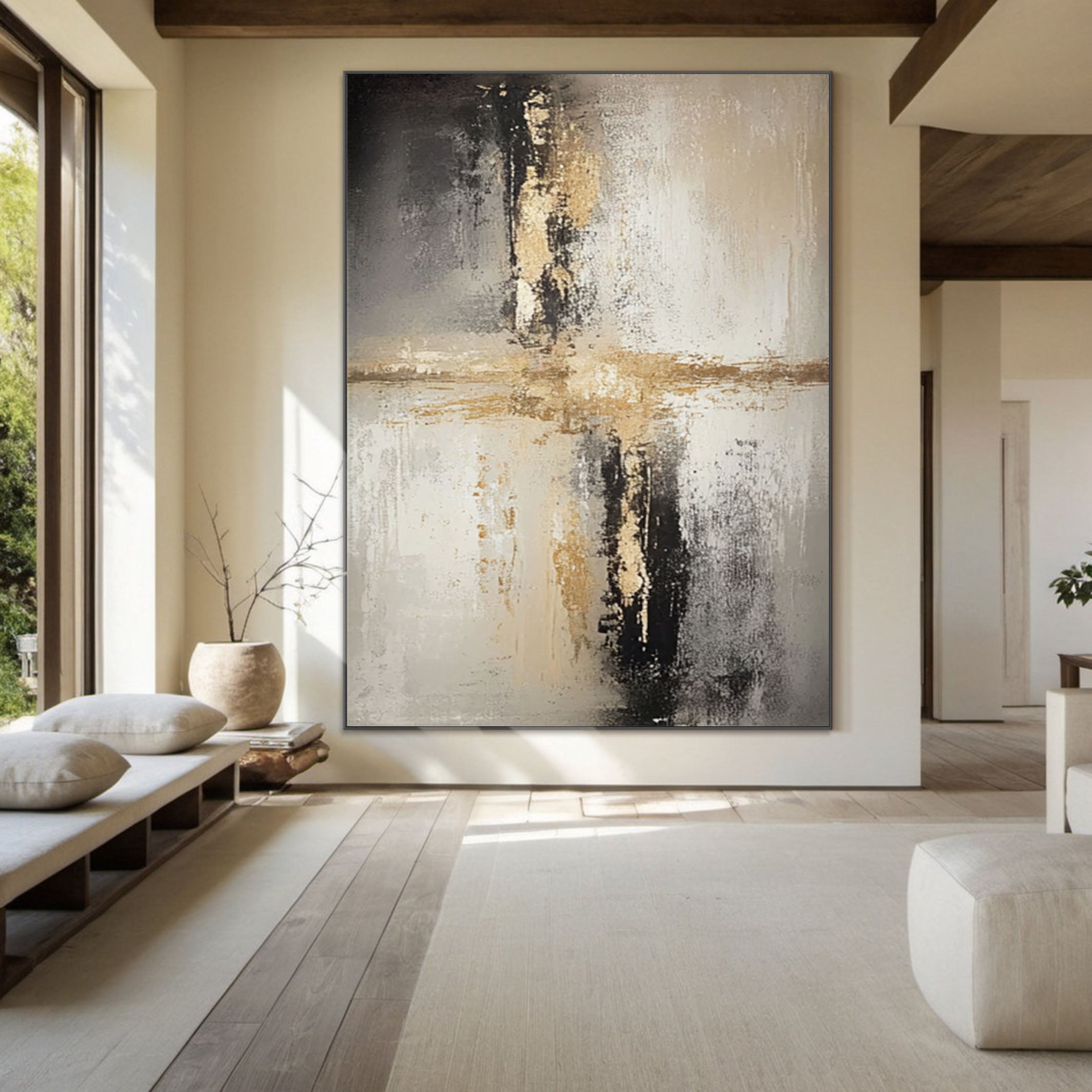 Textured Balance: Minimalist Art with Impasto Cross and Depth #MM572