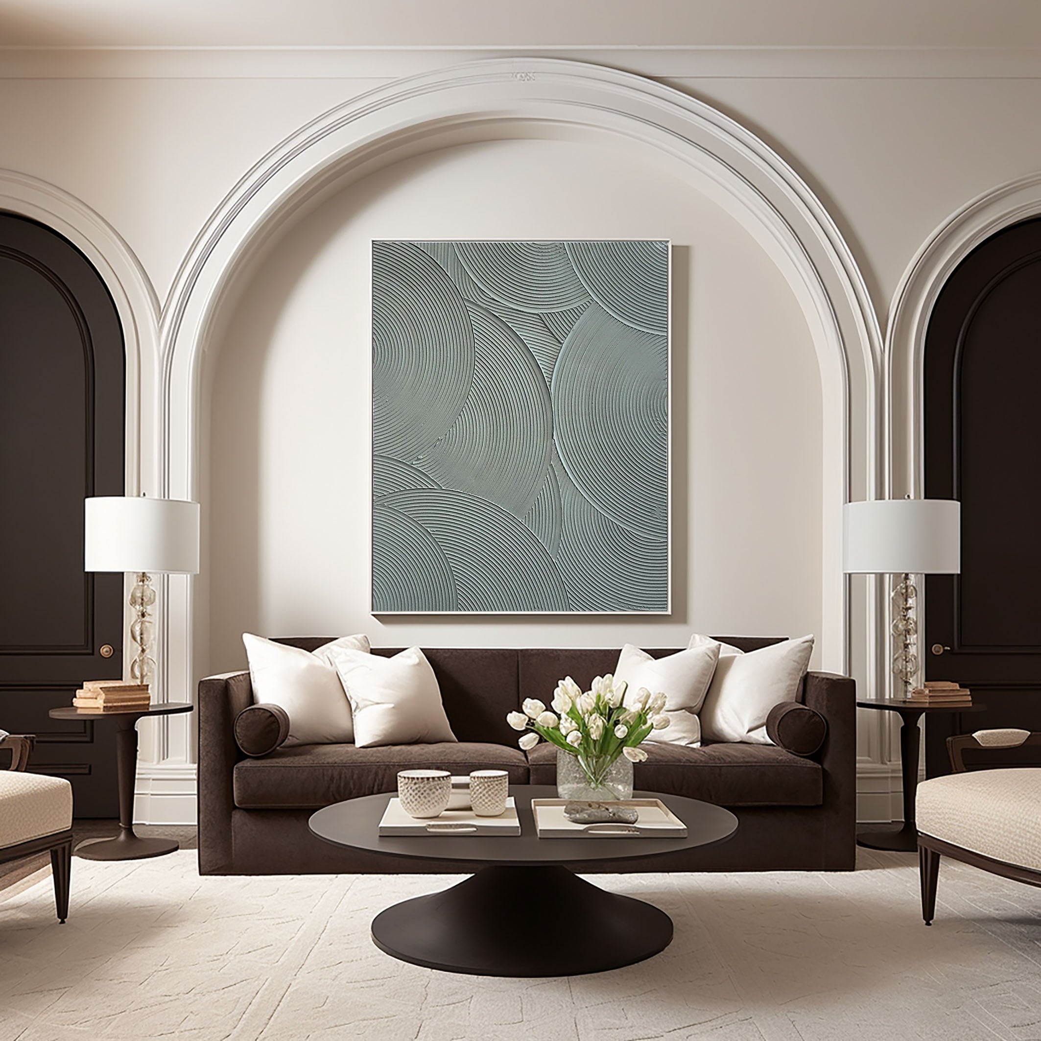 لوحة فنية جدارية بسيطة بنمط دائري باللونين الرمادي والأخضر على قماش #MM105