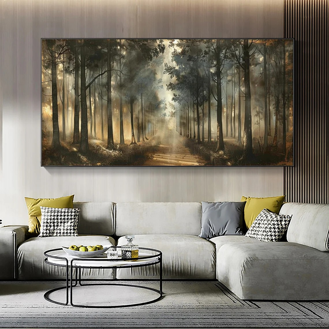 Sunlit Forest Lane, Detailed Tree Landscape, Serene Wall Art  #MM439