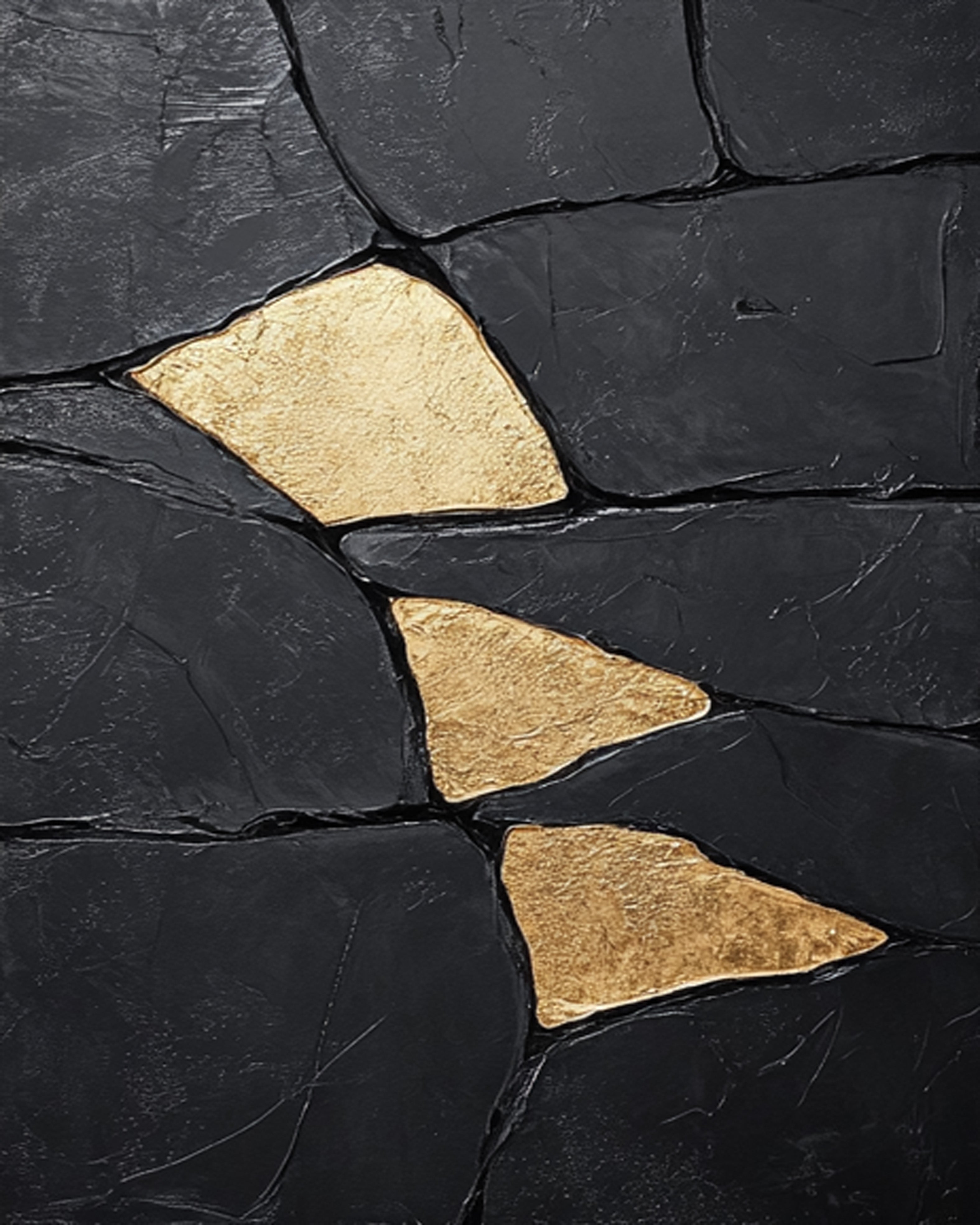 Gilded Shards: Heavily Textured Black Abstract with Gold Inlays #MM549