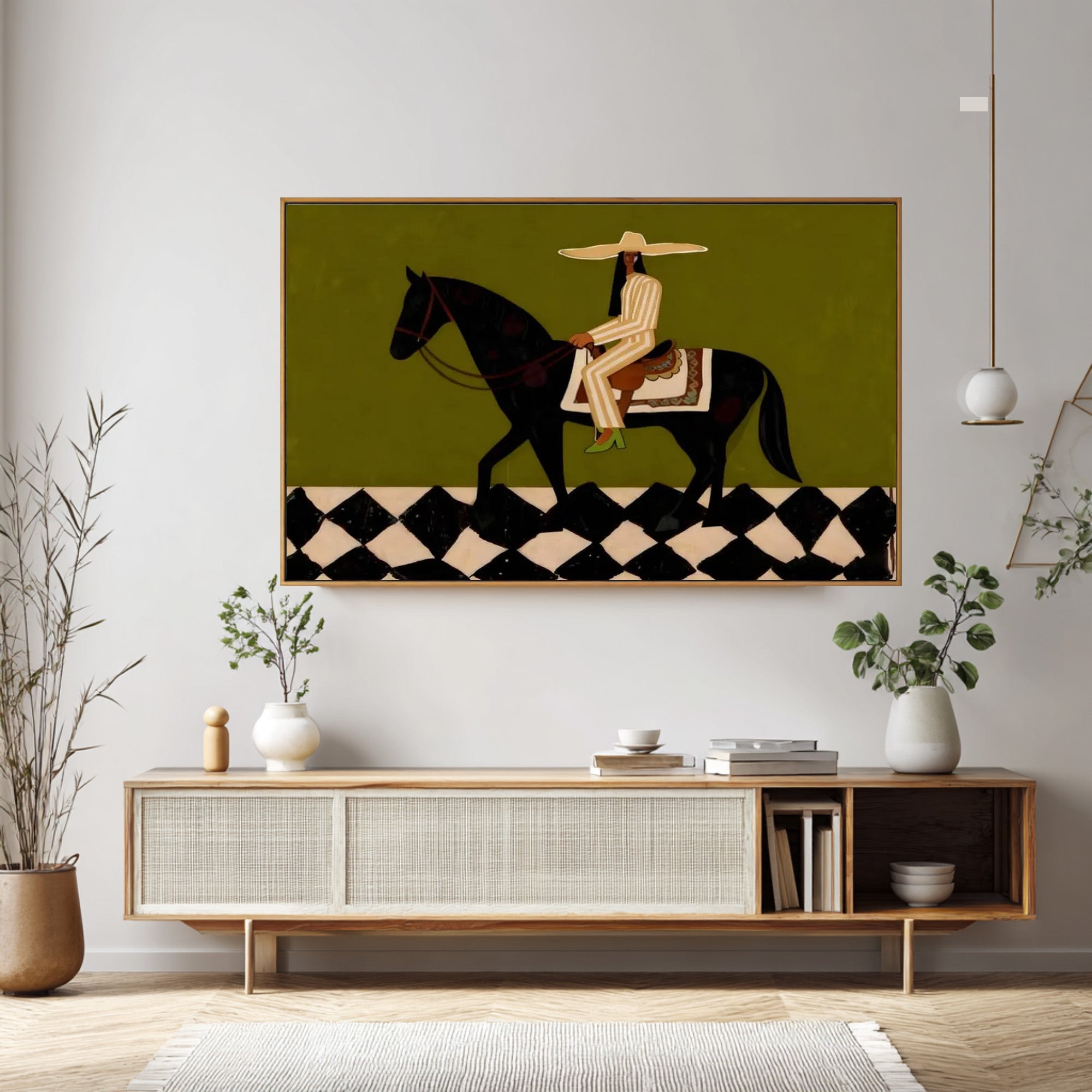 Large Abstract Equestrian Painting Green Horse Rider Wall Art
