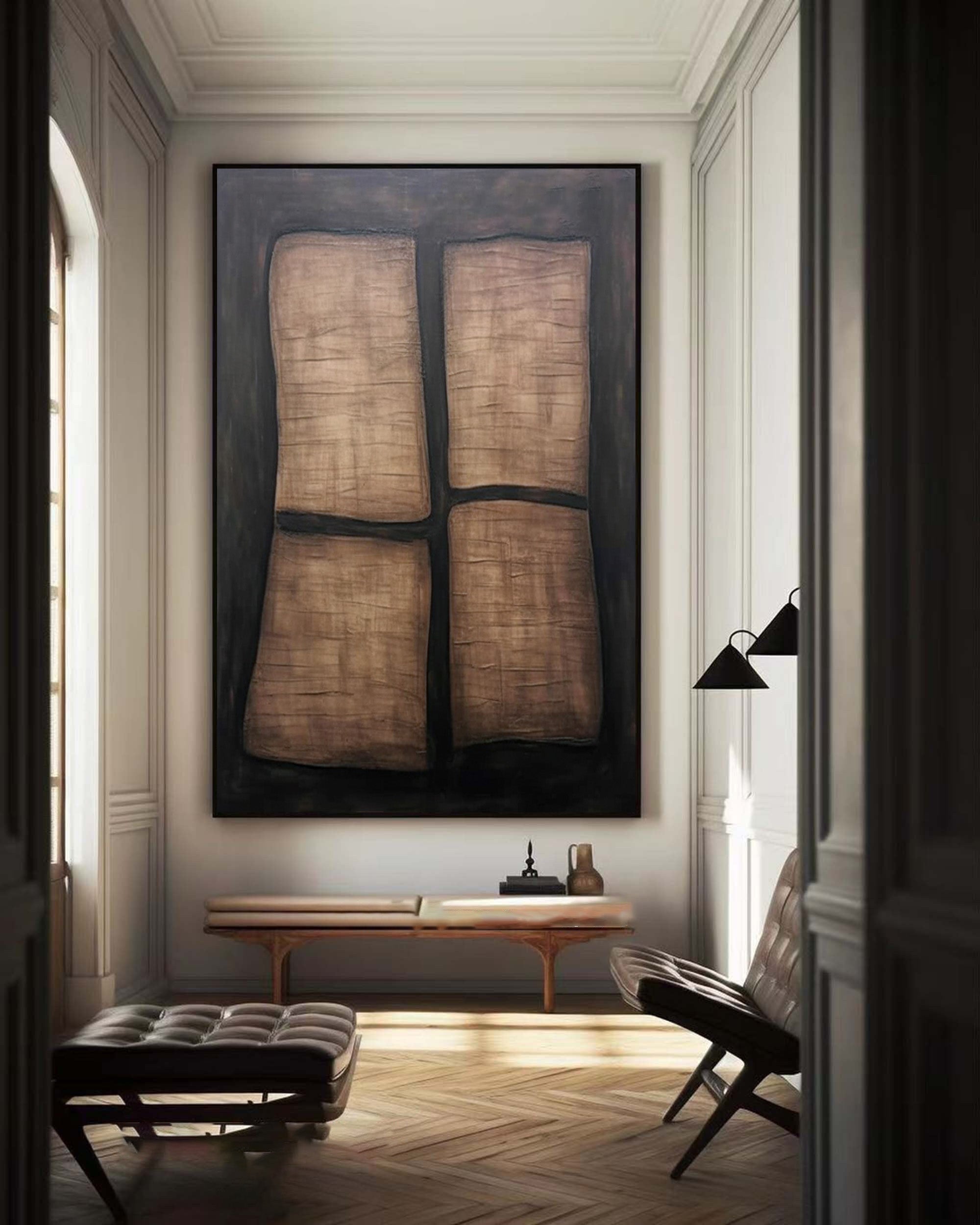 Earth Tone Abstraction With Dark Background, Modern Grid Canvas #MM409