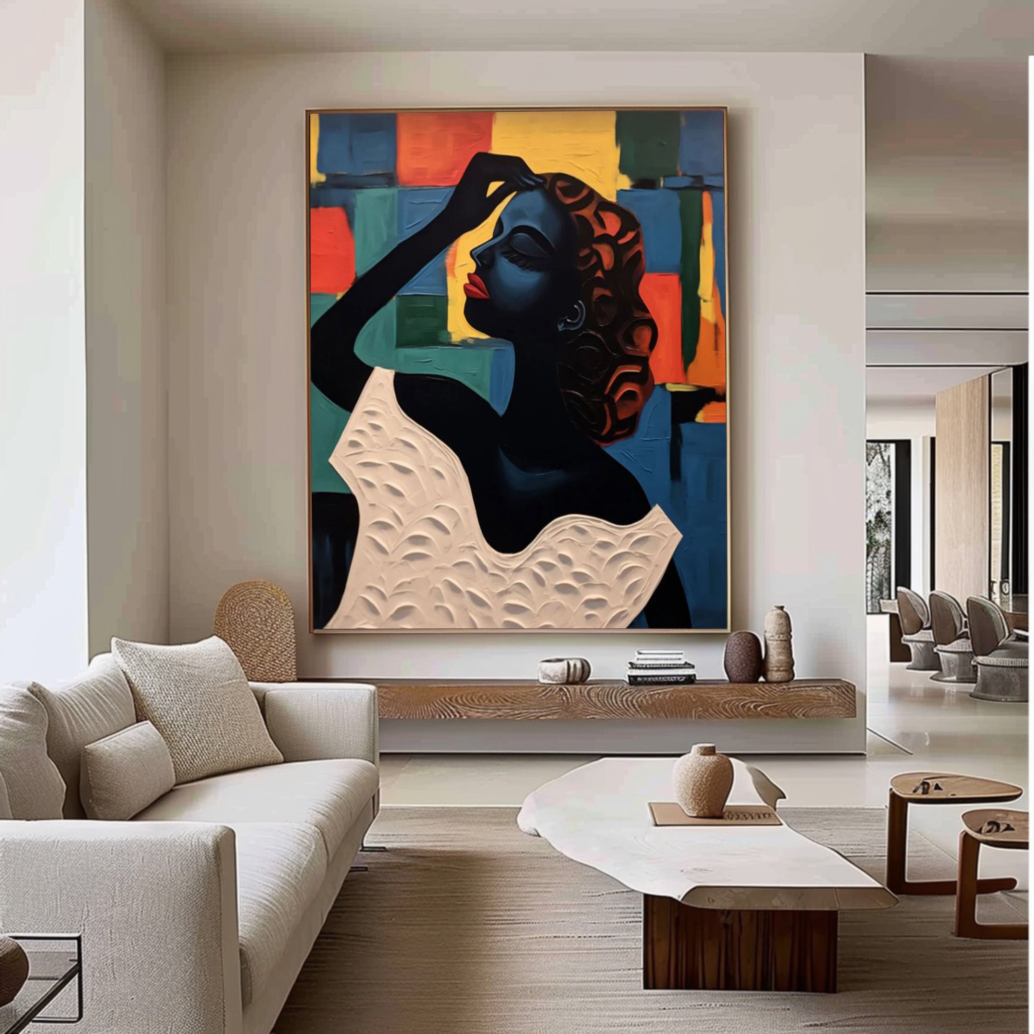 Geometric Poise: Stylized Figure Against Textured Color Shapes #MM537