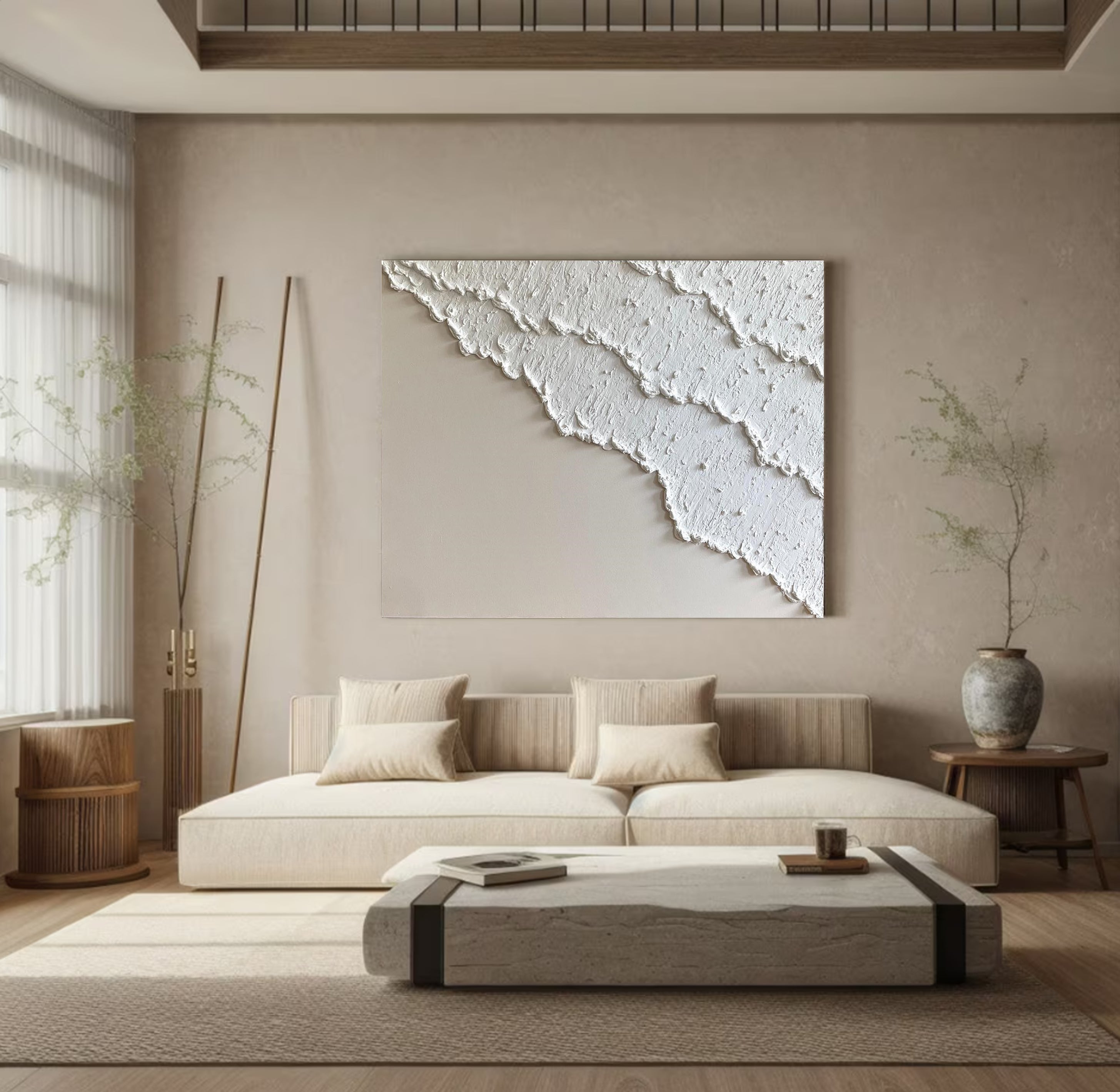 لوحة فنية جدارية كبيرة بيضاء اللون بتصميم عصري #MM044