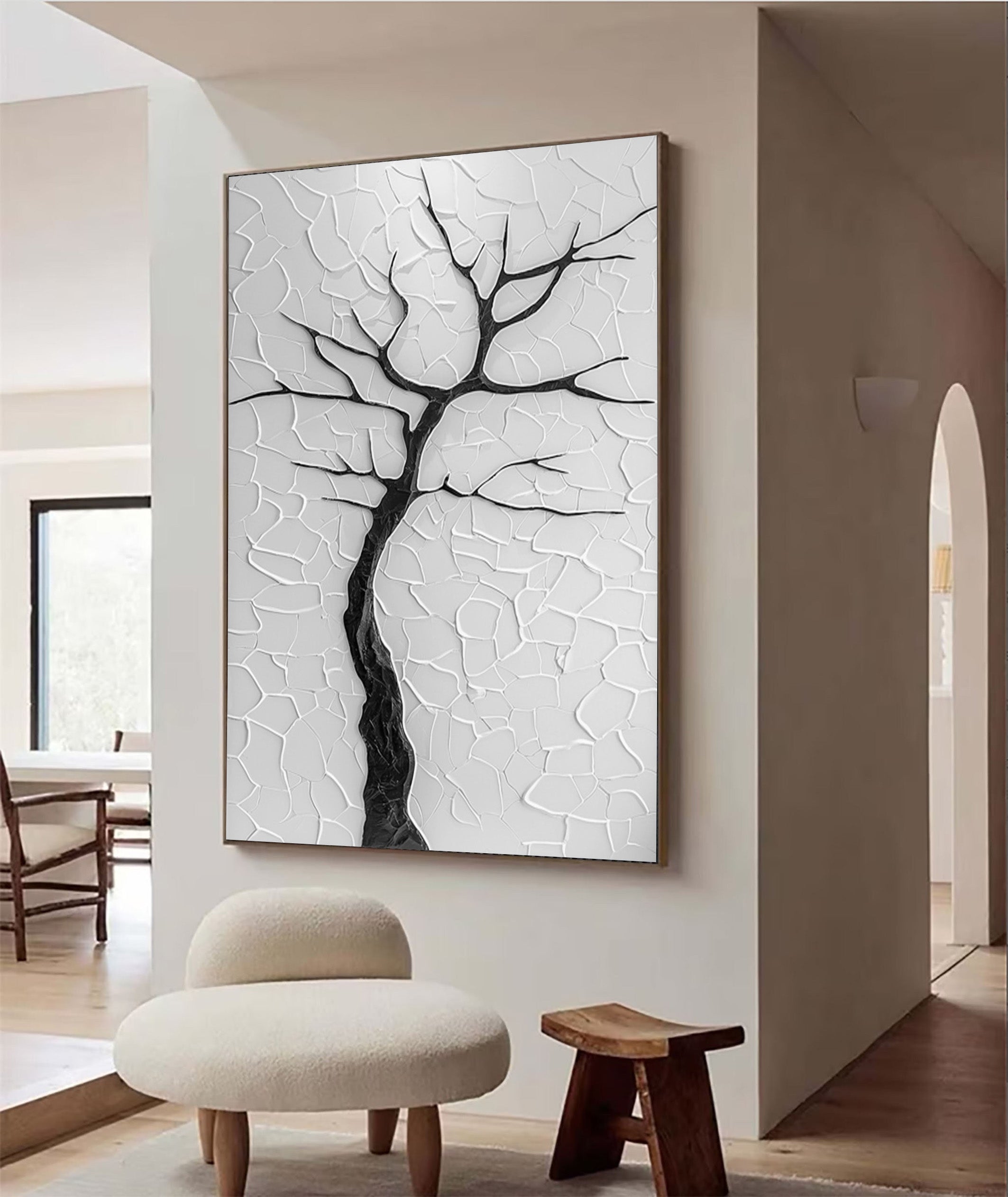 Winter's Embrace: Minimalist Black Tree on Textured White #MM567