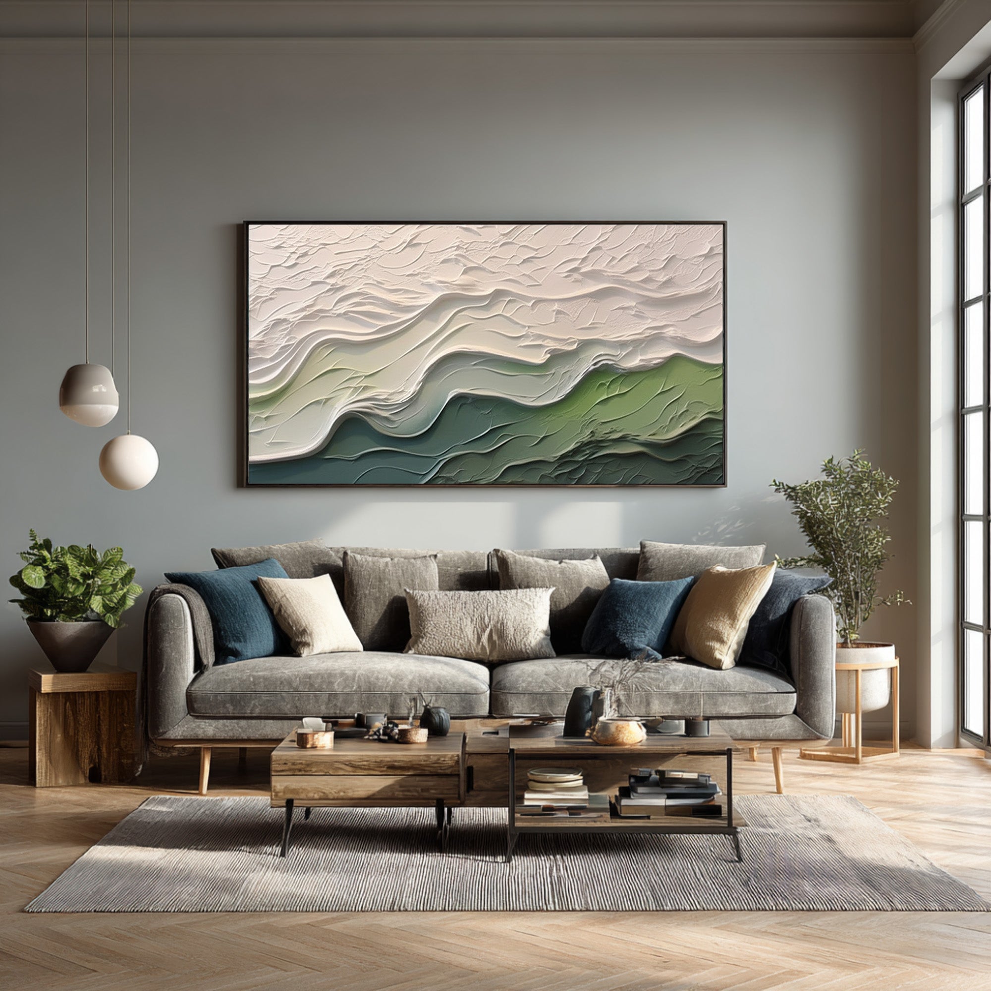 Contemporary Wall Art Green and White Abstract Piece #AG 094