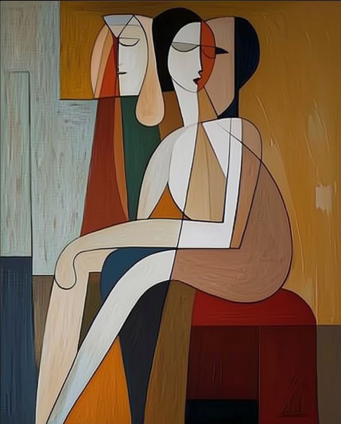 Geometric Encounter: Modern Stylized Figures, Warm Abstract Art #MM540
