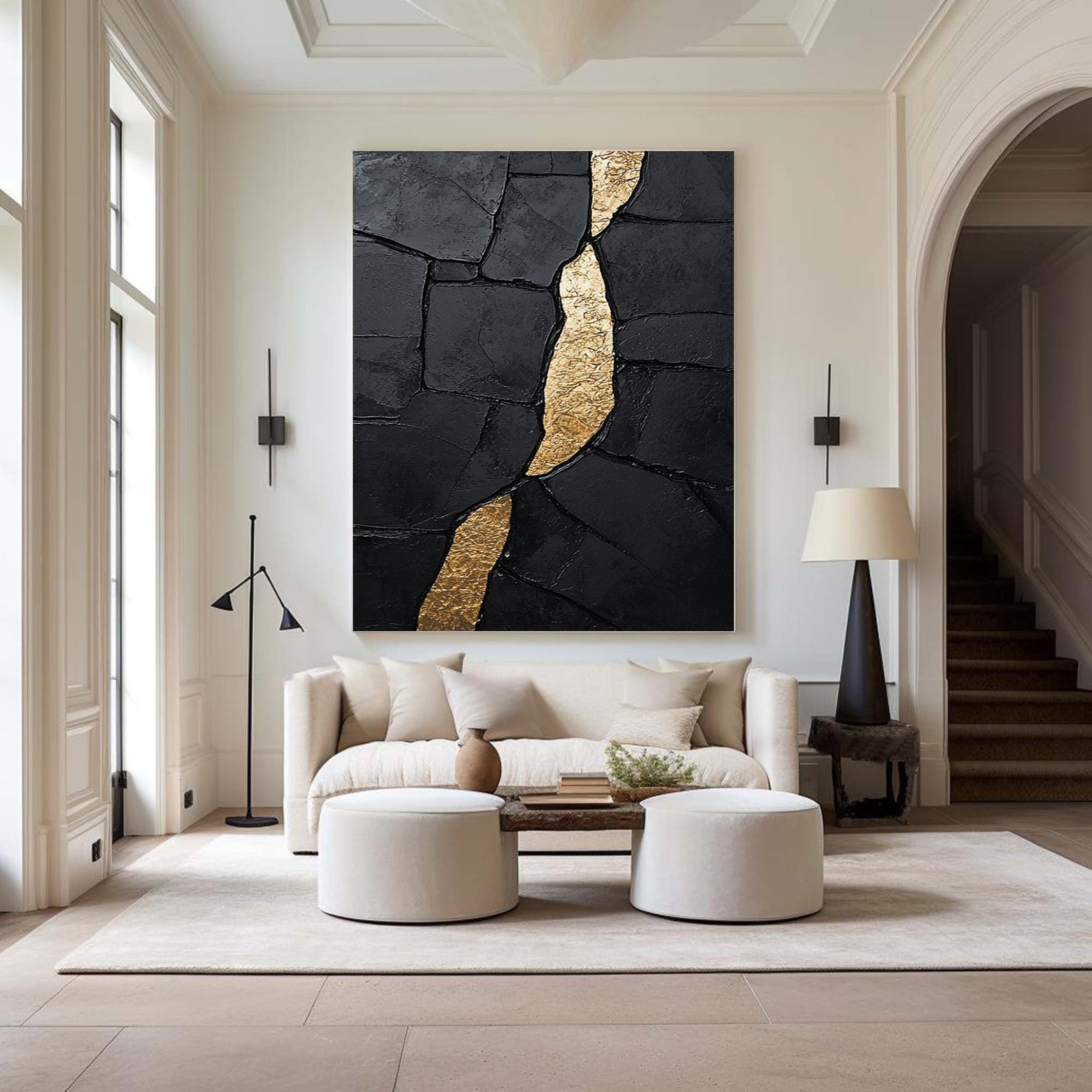 Golden Fault Line:Textured Black Abstract with Gold Cleft #MM555