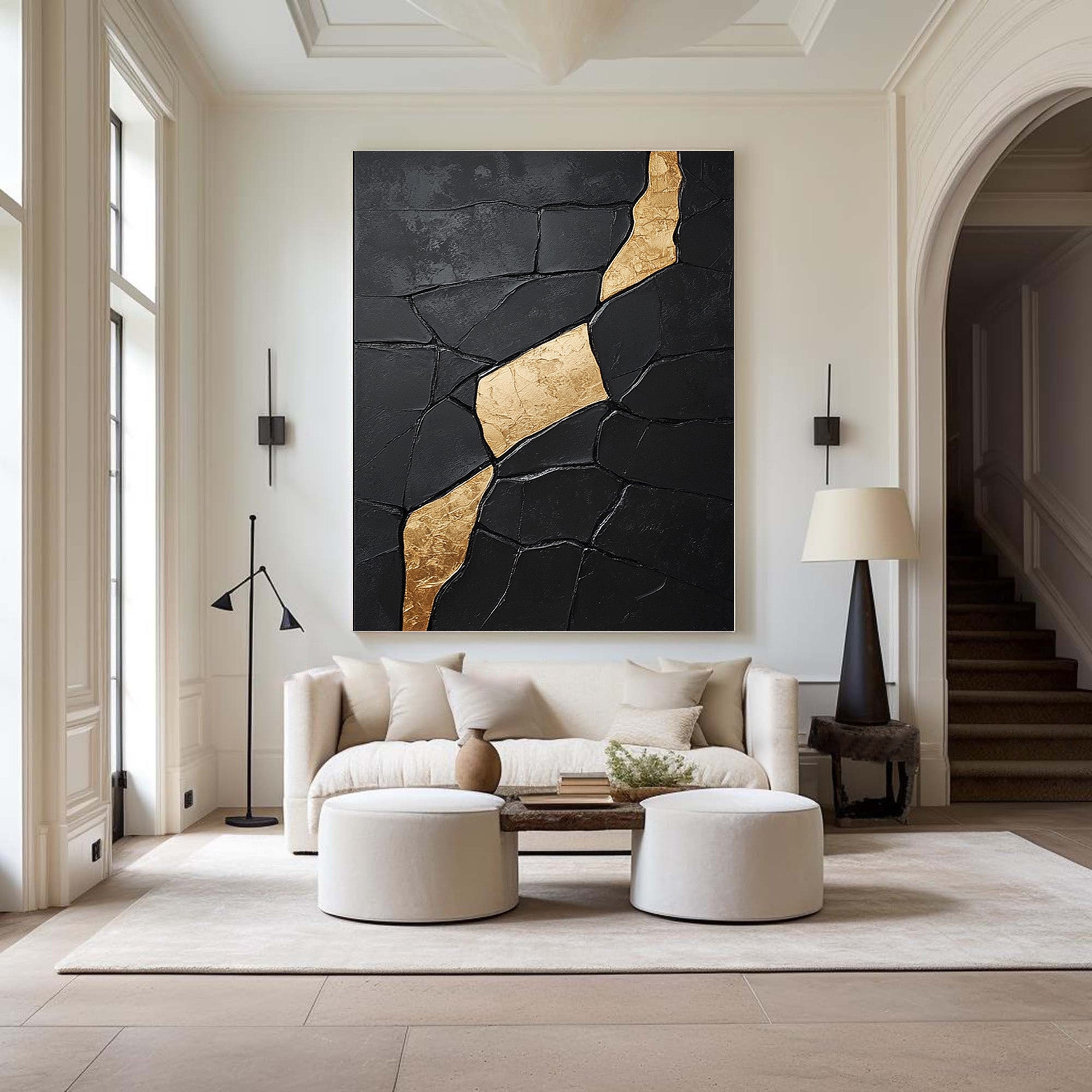 Gilded Incline: Textured Black Abstract with Diagonal Gold Vein #MM556