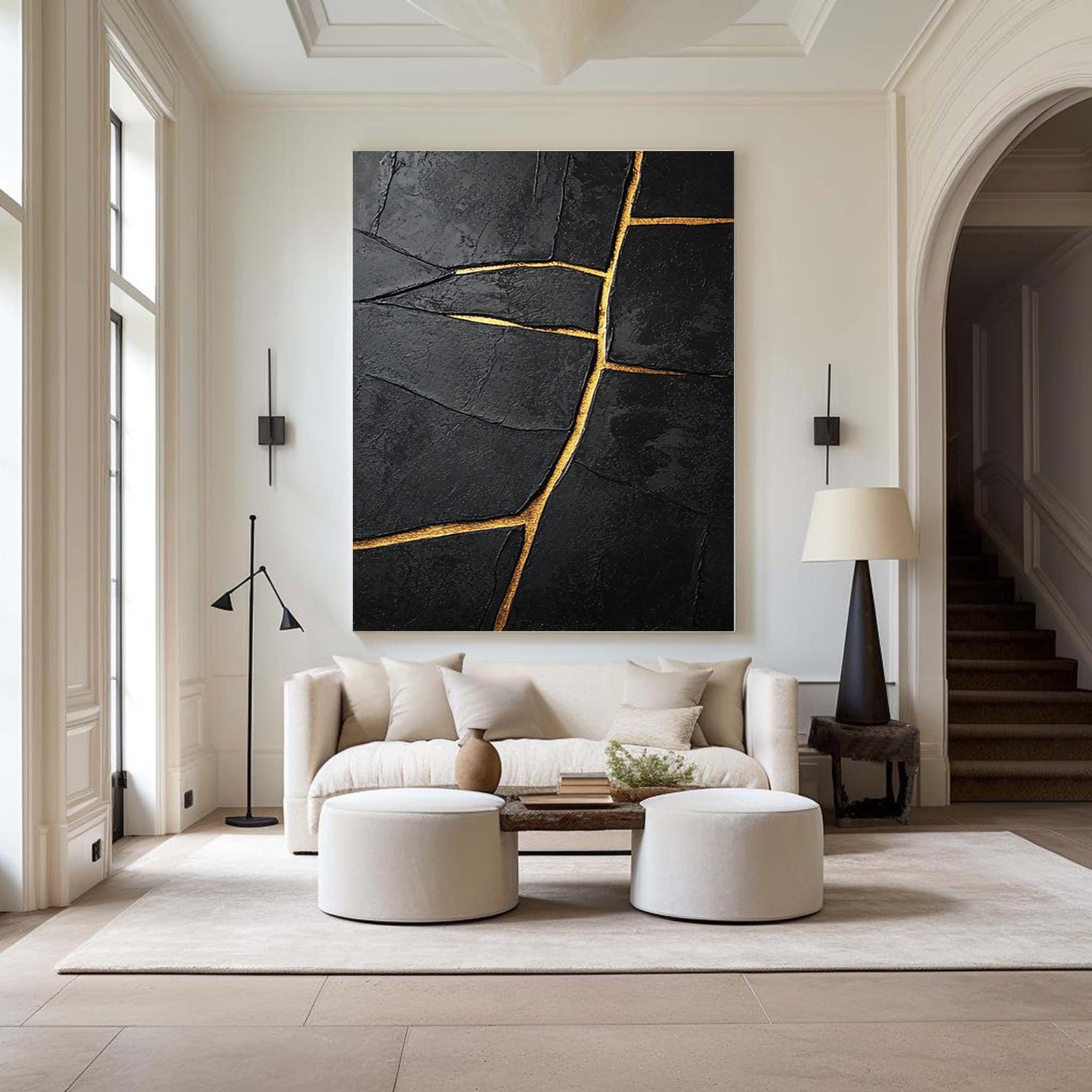Gilded Divide:Textured Black Abstract with Linear Gold Inlays #MM550