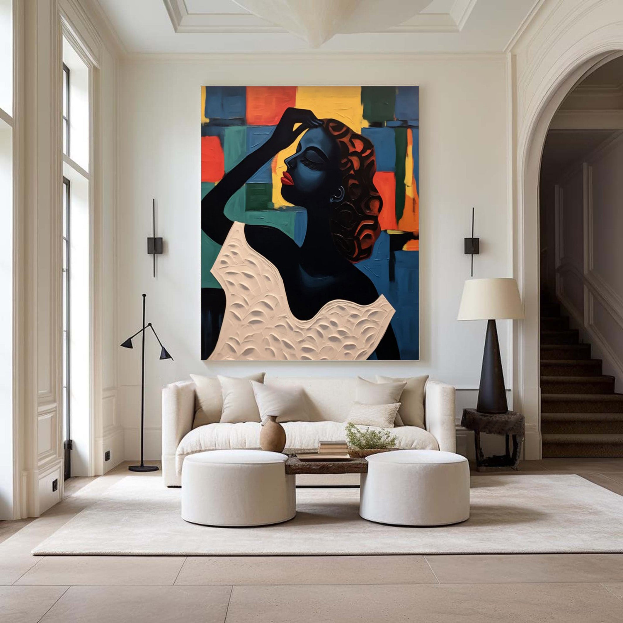 Geometric Poise: Stylized Figure Against Textured Color Shapes #MM537