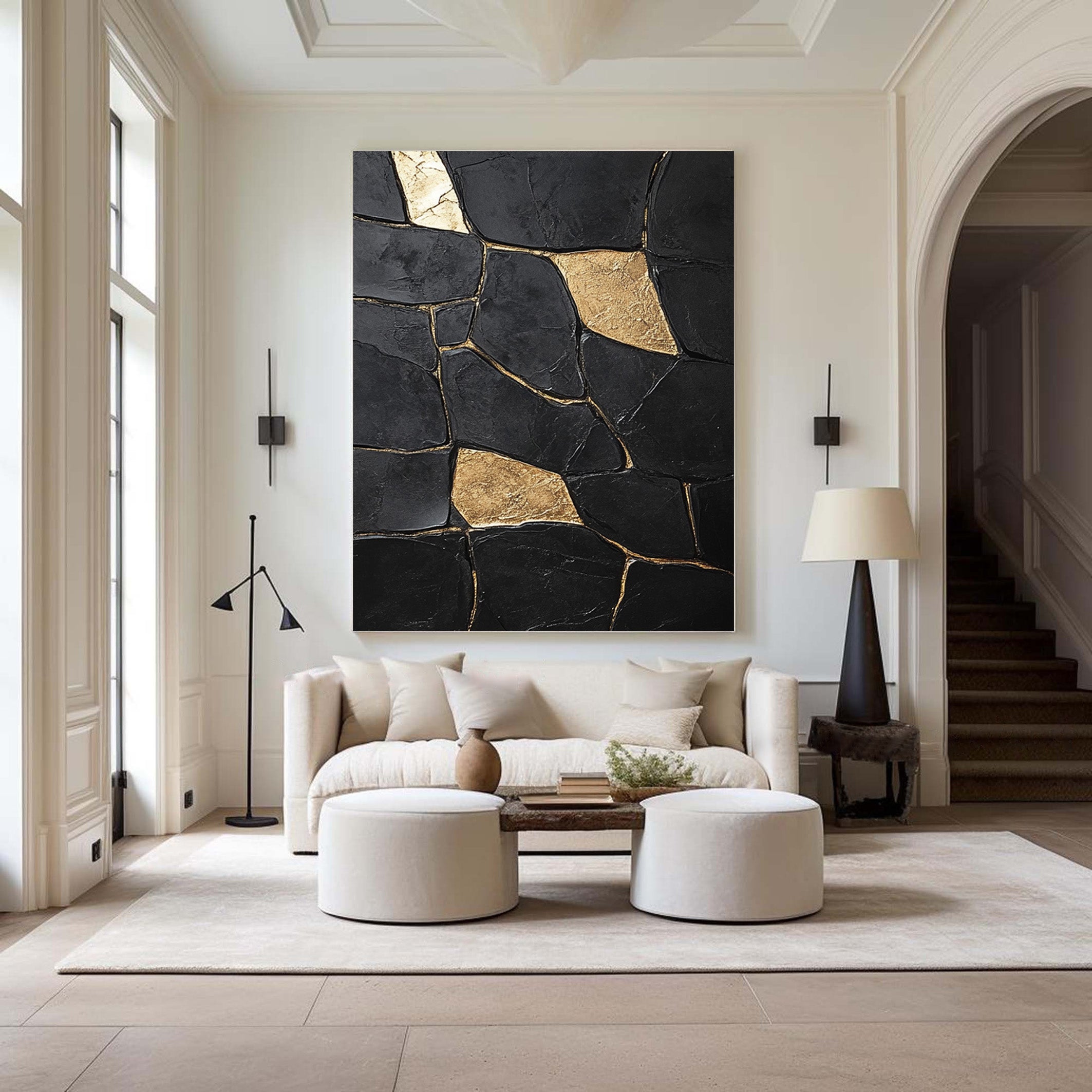 Shadow Mosaic: Large Modern Abstract with Textured Gold Shapes #MM552