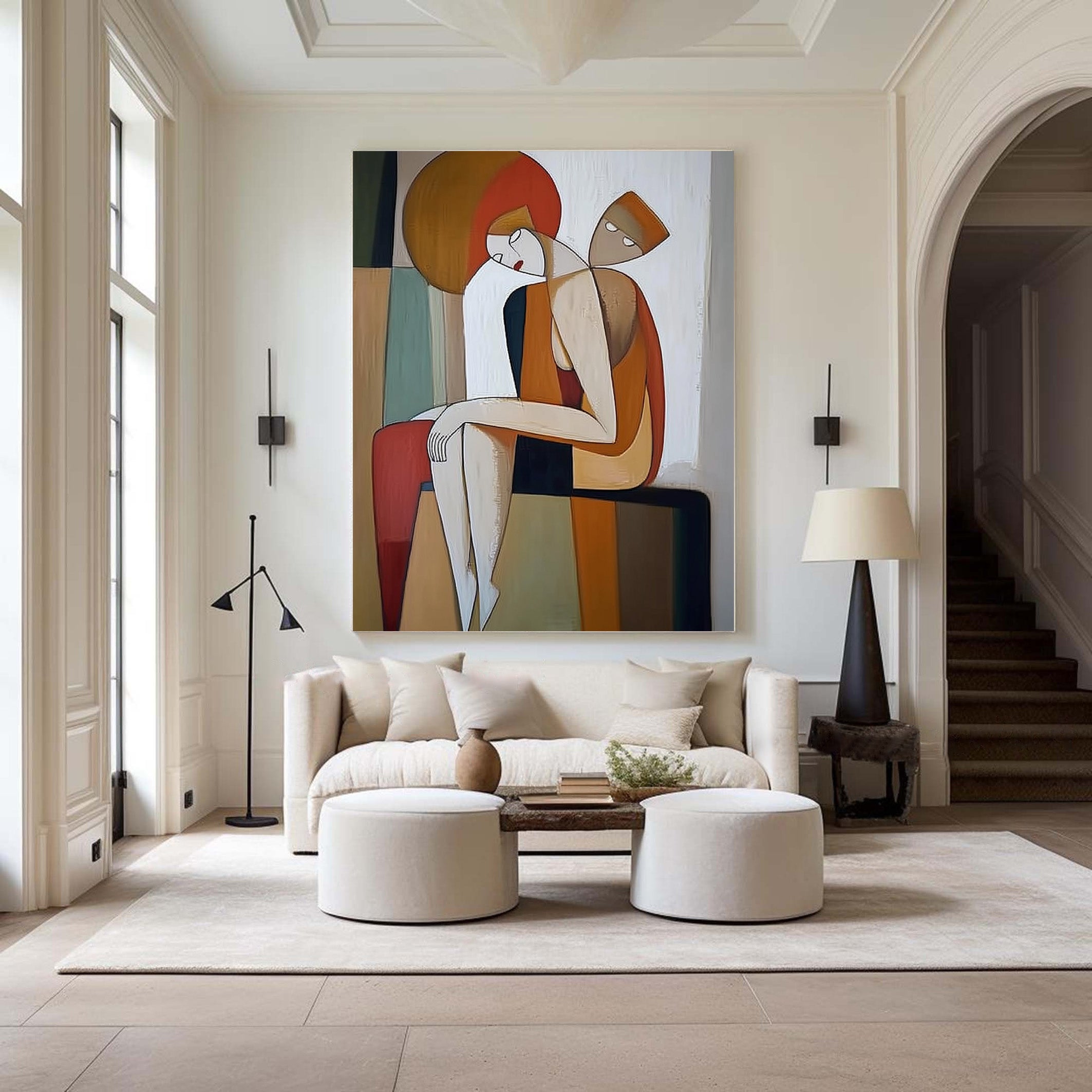 Geometric Embrace: Modern Stylized Figures, Warm Abstract Art #MM538