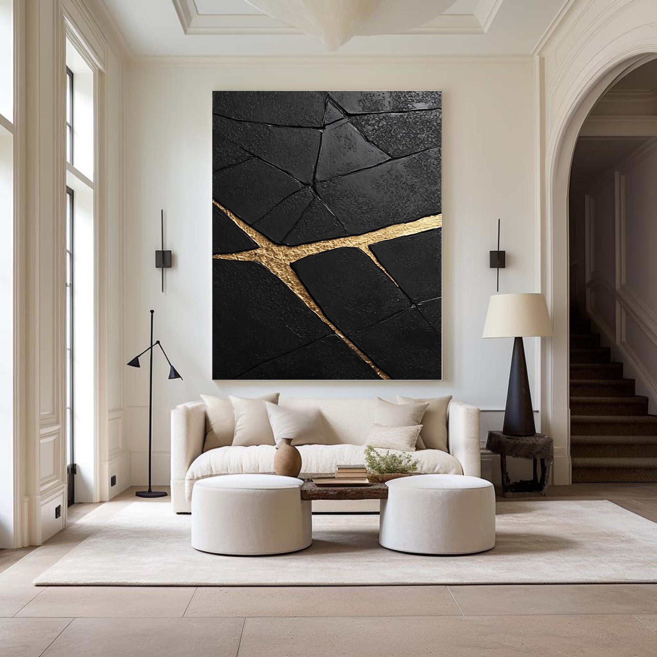 Gilded Cleft: Textured Black Abstract with Bold Gold Fissures #MM545