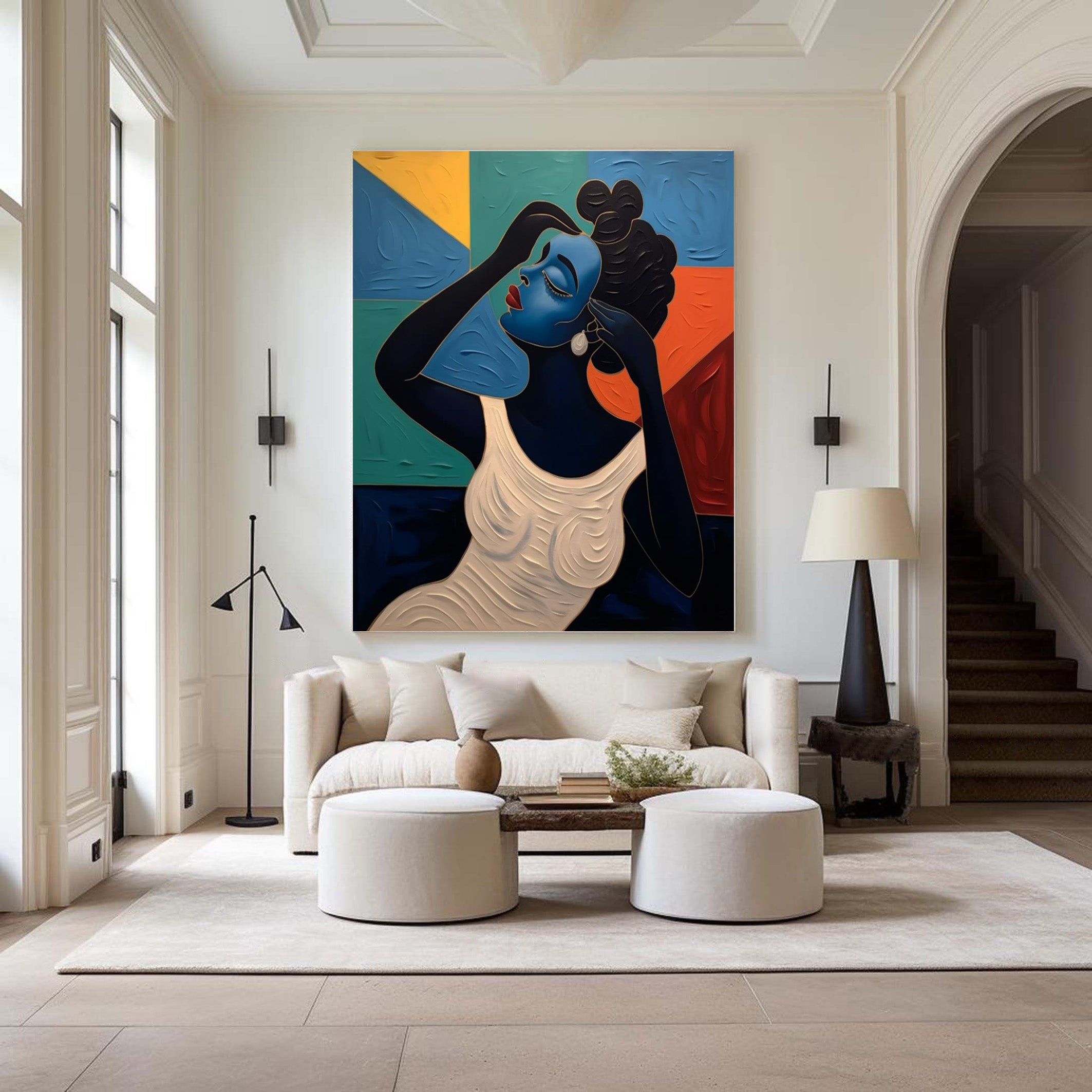 Geometric Grace: Stylized Figure Against Textured Color Shapes #MM534
