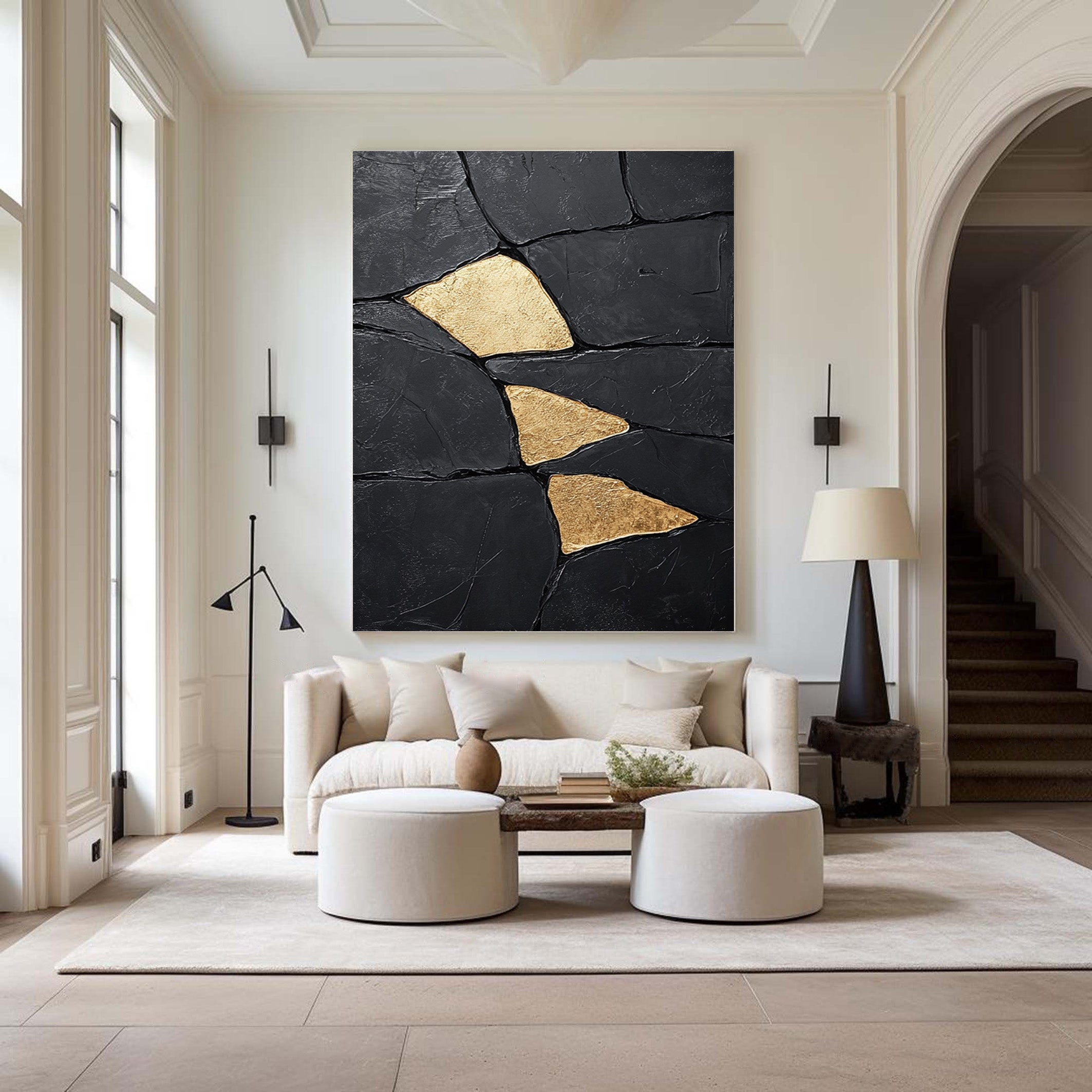 Gilded Shards: Heavily Textured Black Abstract with Gold Inlays #MM549