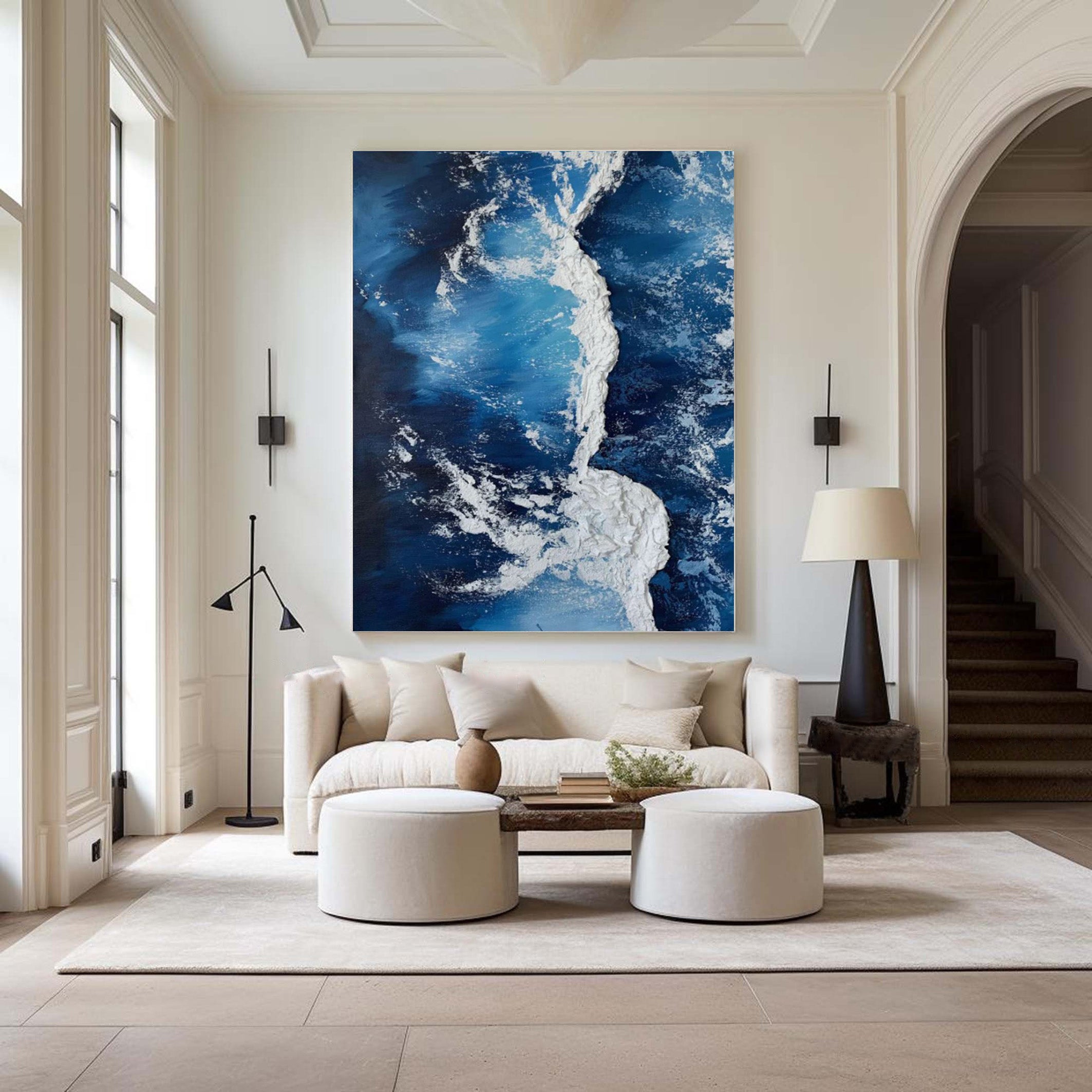 Aerial Tides: 3D Textured Ocean Waves, Blue and White Art #MM539