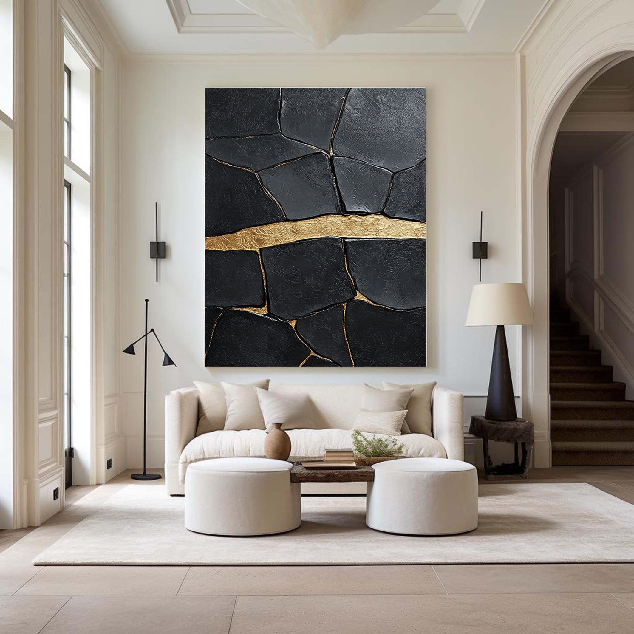 Golden Horizon:Textured Black Abstract with a Bold Gold Band #MM547