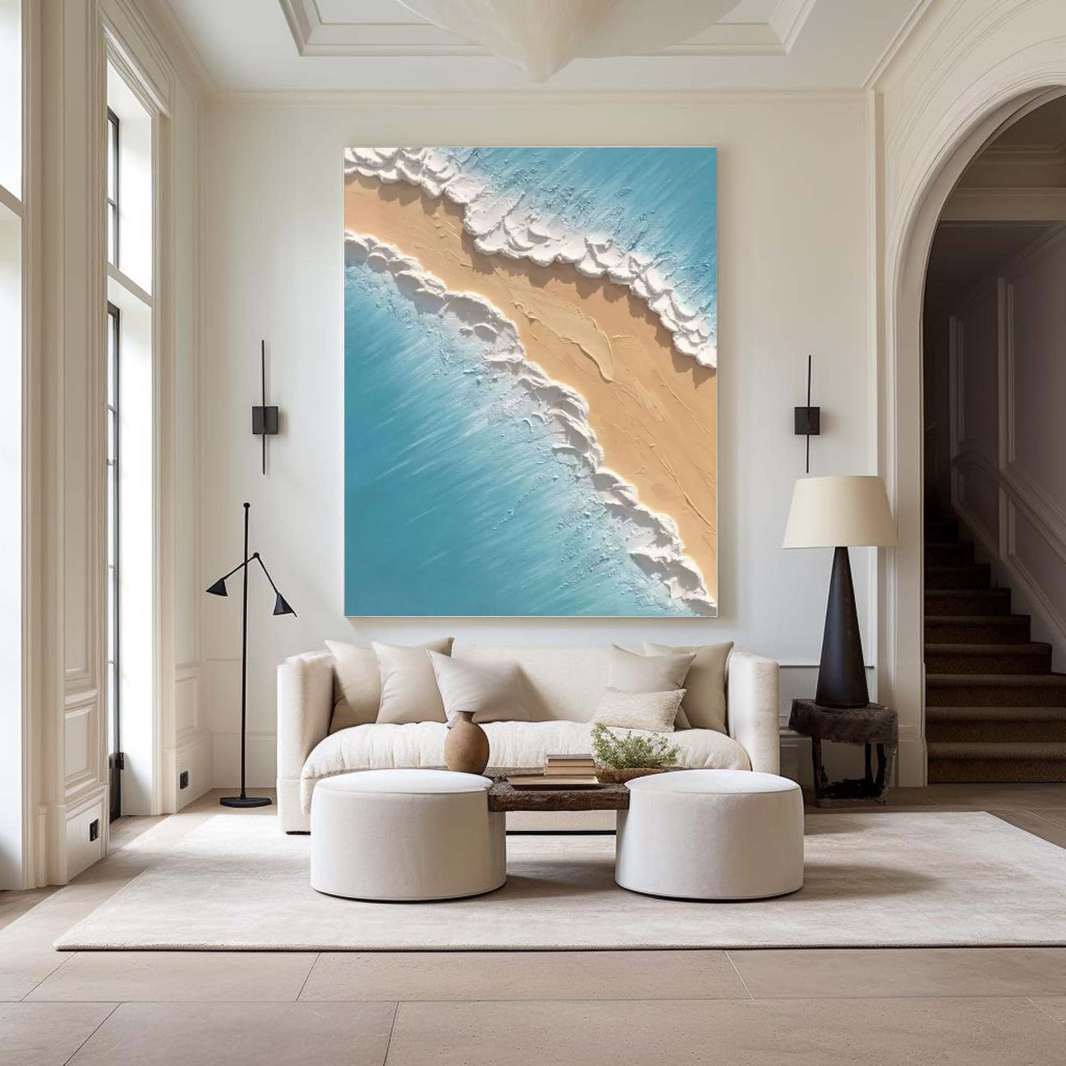 Where Azure Meets Gold: Textured Overhead Beach Wall Art #MM526