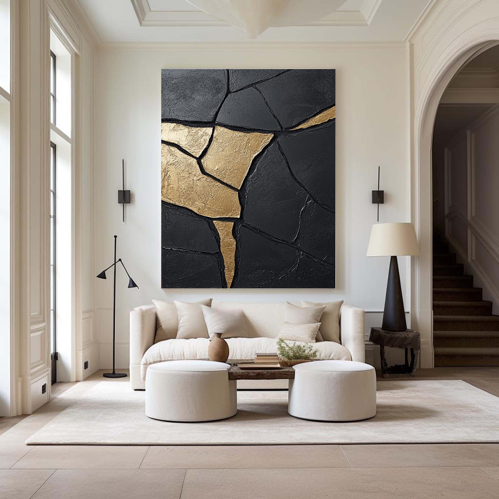 Textured Black Abstract with Organic Gold Veins for Modern Art #MM553
