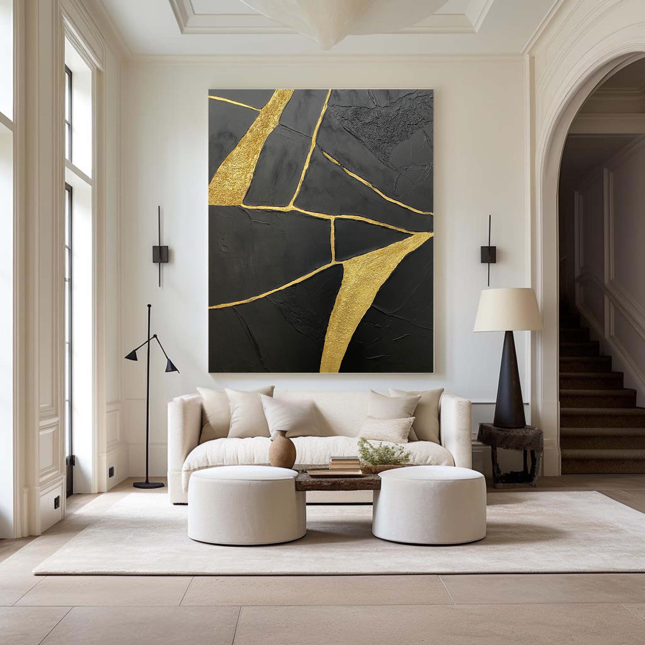 Gilded Fracture:Textured Black Abstract with Flowing Gold Lines #MM544
