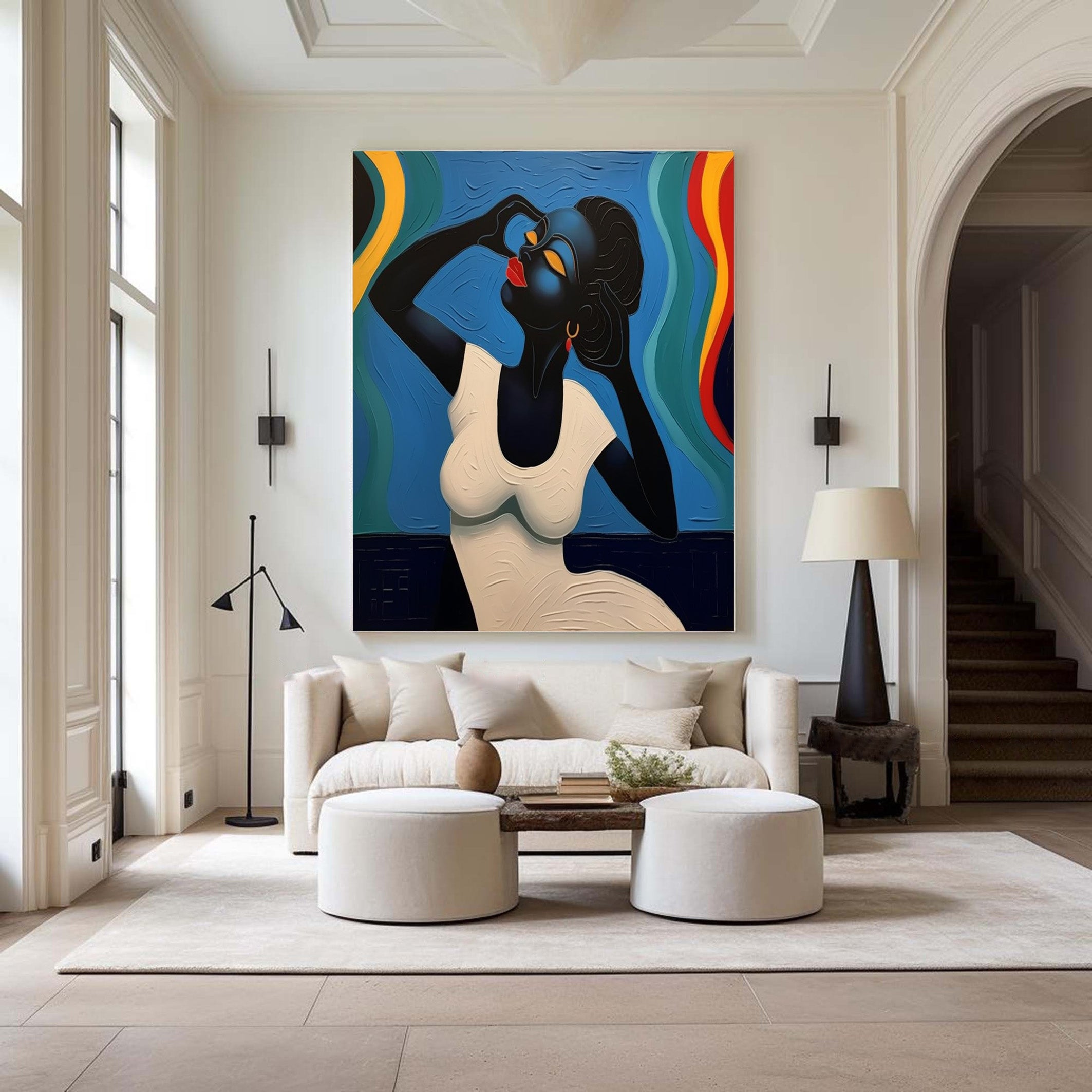 Stylized Figure Against Textured Color Swirls, Elegant Portrait #MM536