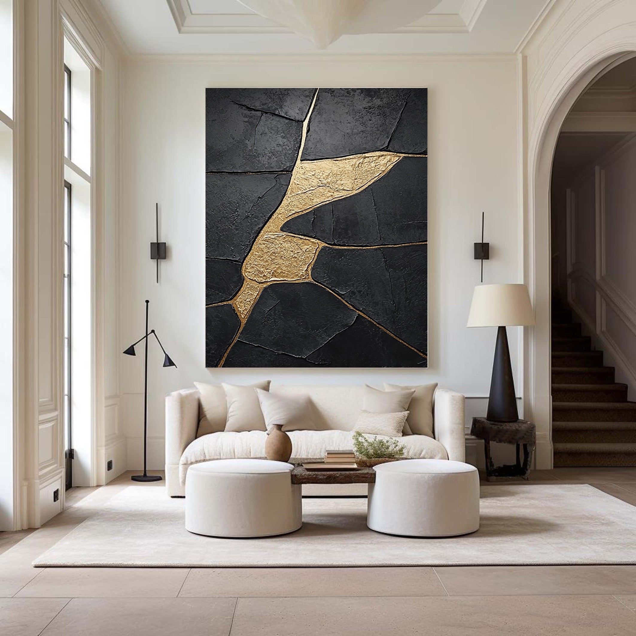Molten Shadow:Black Impasto with Flowing Organic Gold Veins #MM554