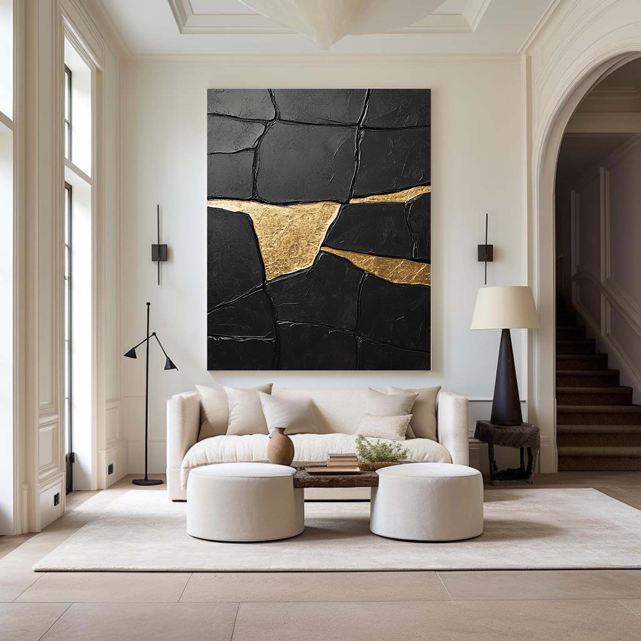 Noir Fragment: Heavily Textured Black Canvas with Gold Accents #MM548