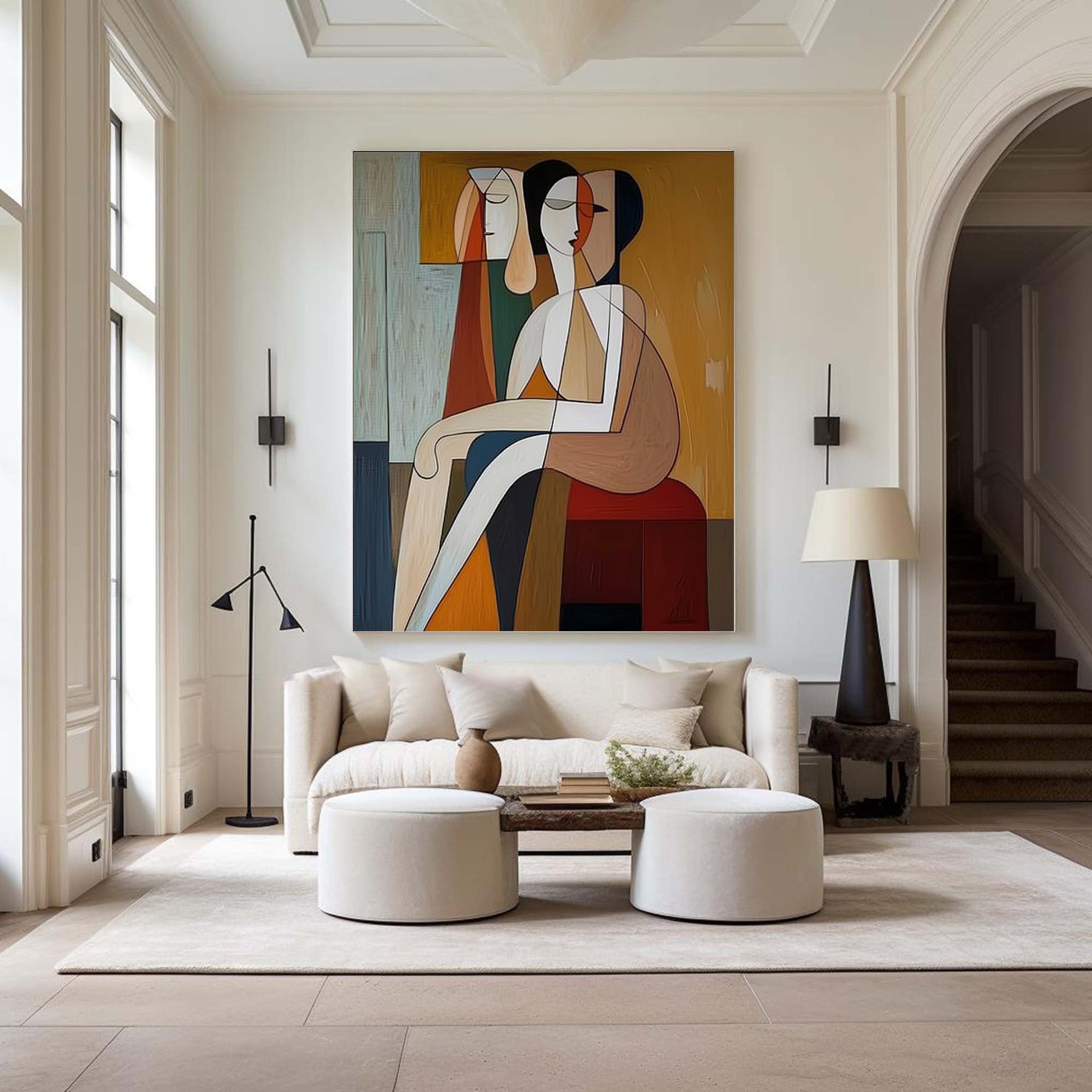 Geometric Encounter: Modern Stylized Figures, Warm Abstract Art #MM540