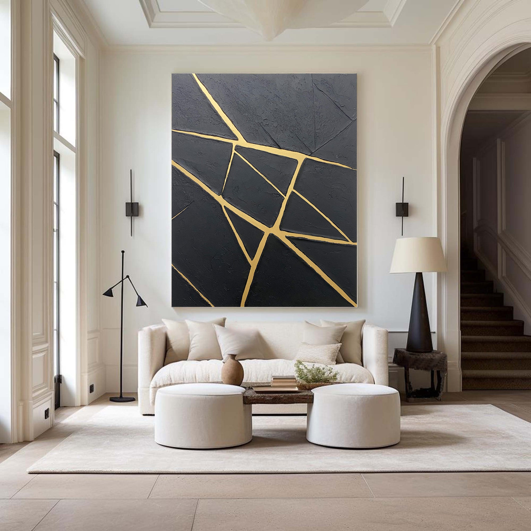 Gilded Fracture:Textured Black Abstract with Angular Gold Lines #MM559