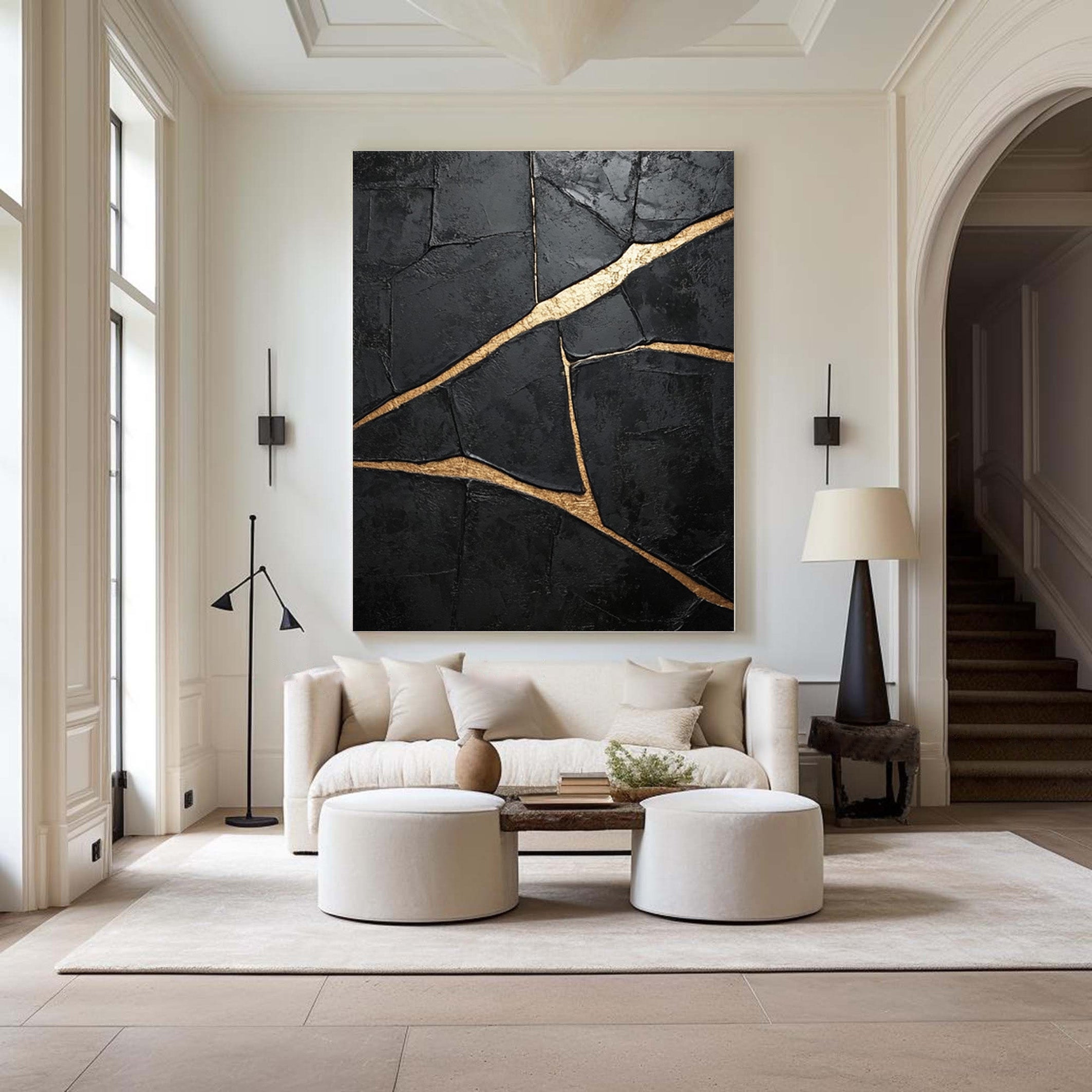 Molten Night: Textured Black Canvas with Flowing Bold Gold #MM546