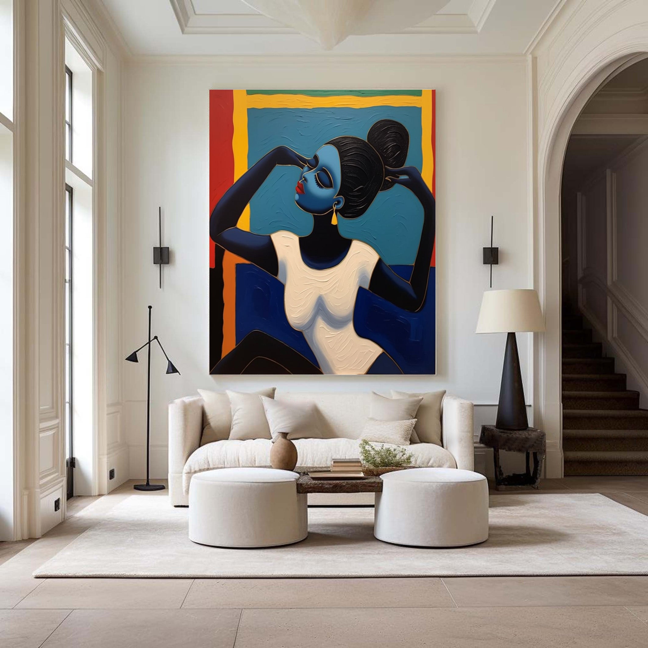 Geometric Grace: Stylized Figure Against Textured Color Shapes #MM542