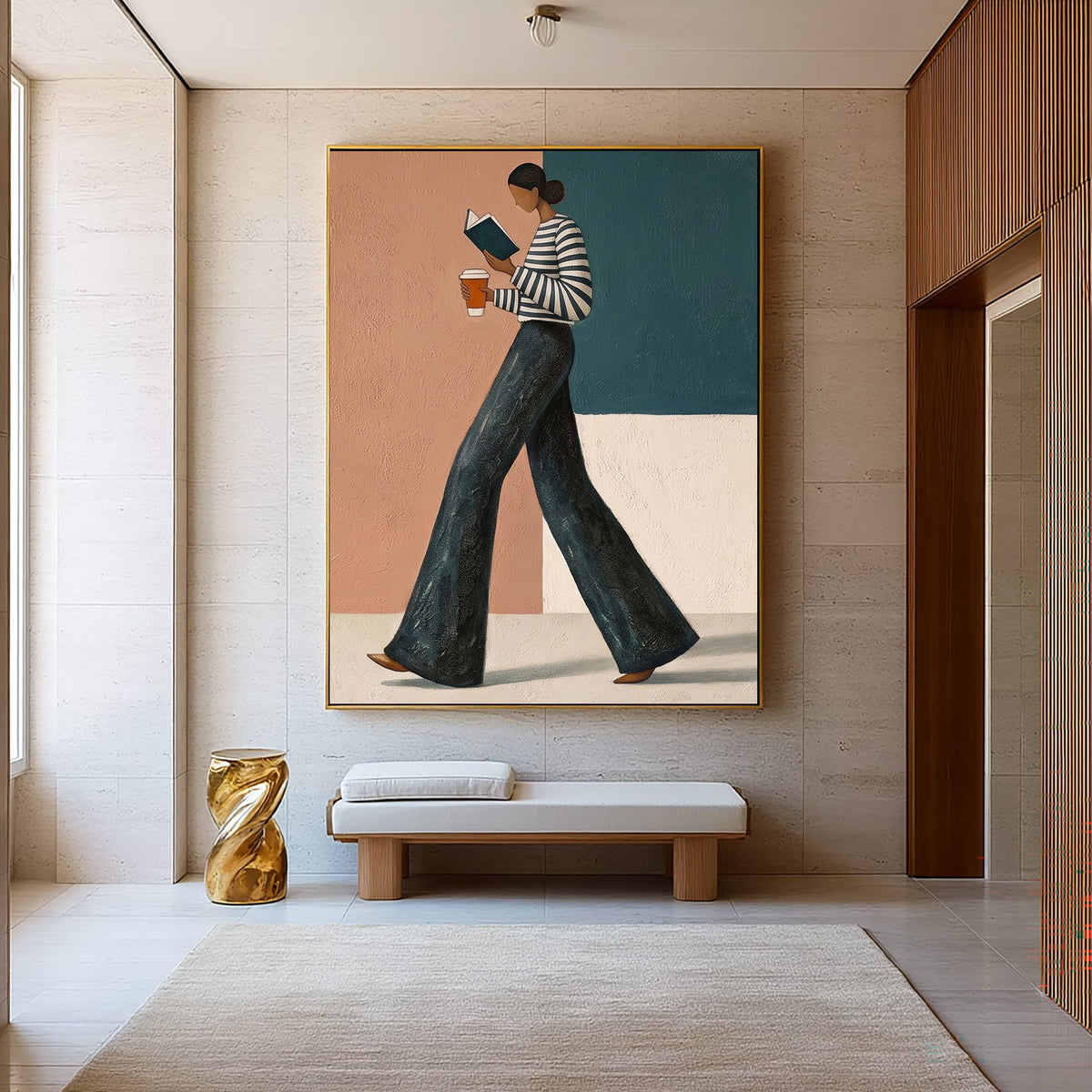 Stylish Woman Walking Coffee Book Contemporary Fashion Painting Wall Art