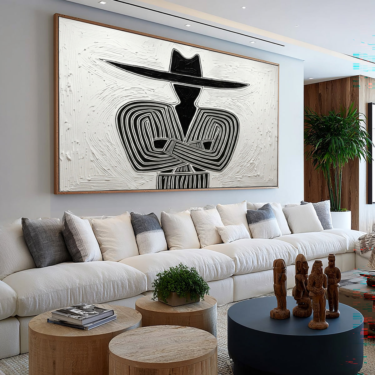 Large Oil Painting Textured Cowboy Minimalist Abstract Black White Western Art