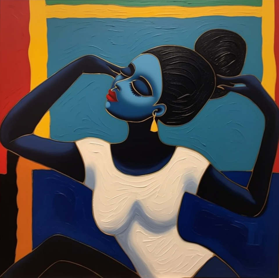 Geometric Grace: Stylized Figure Against Textured Color Shapes #MM542