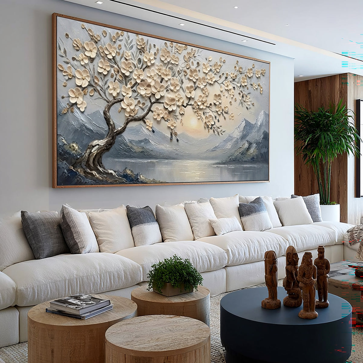 Large Textured Blossom Tree Painting Mountain Lake Living Room Wall Art
