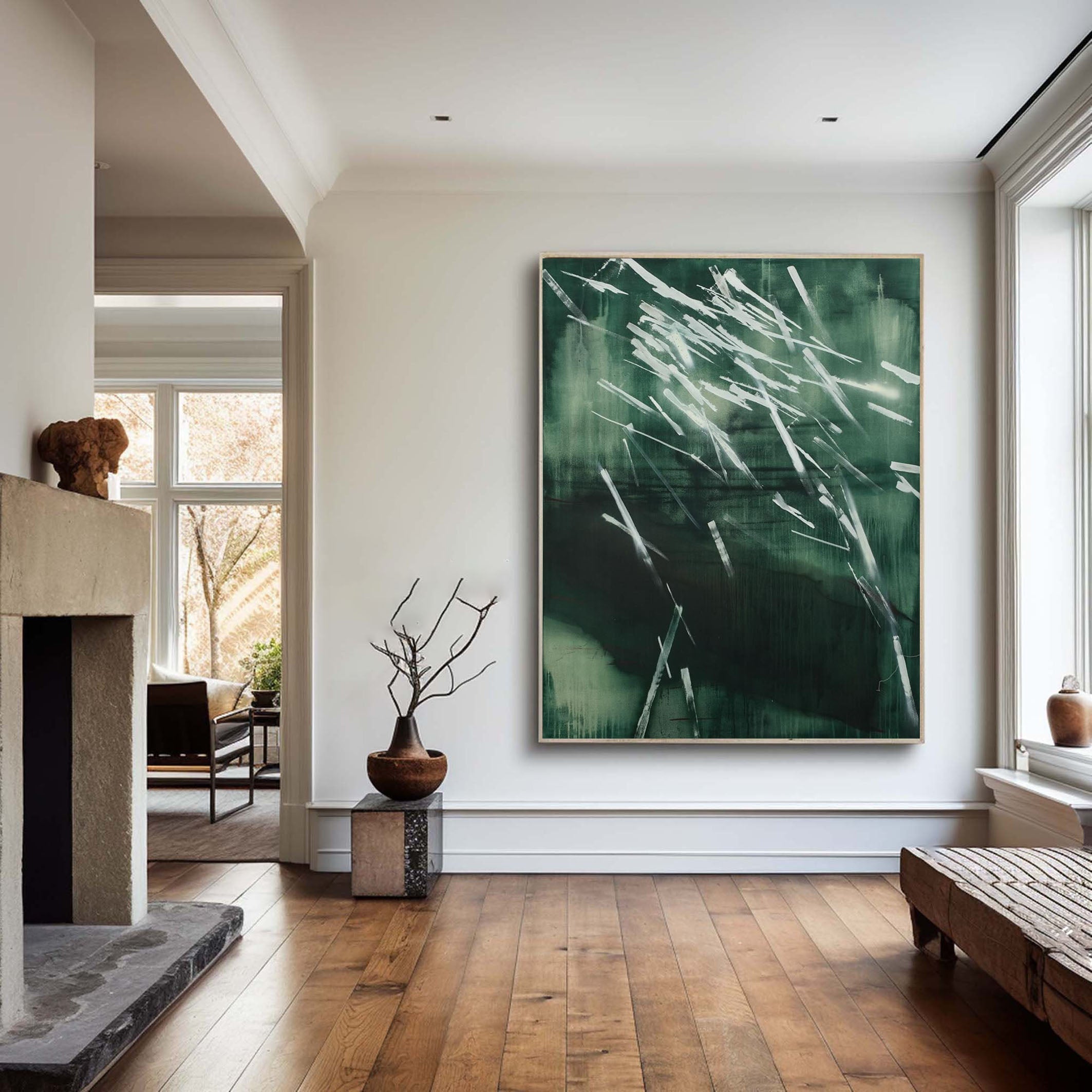 لوحة جدارية تجريدية طبيعية بضربات فرشاة ديناميكية باللون الأخضر الداكن #AB022