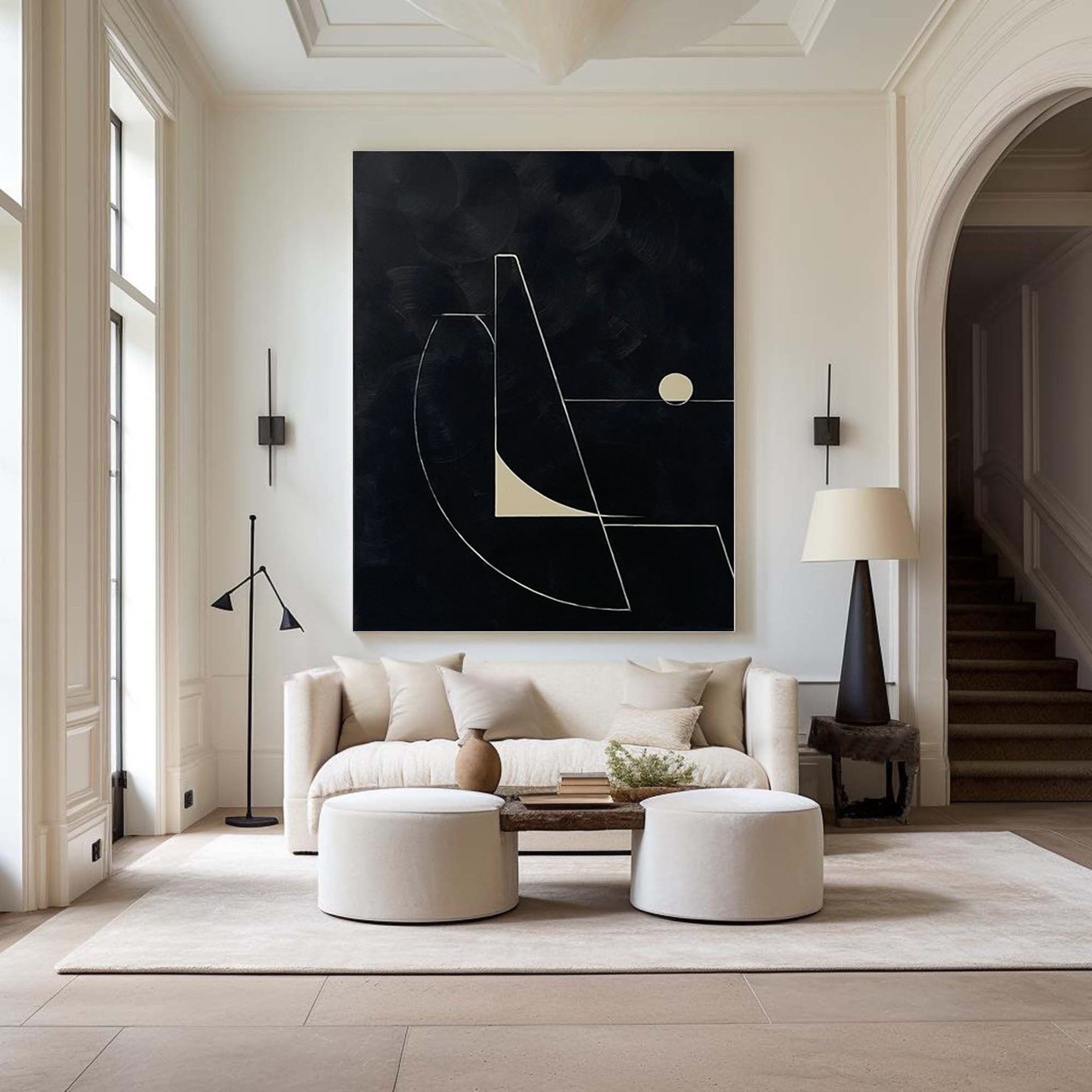 لوحة فنية قماشية هندسية بسيطة باللونين الأبيض والأسود للمنزل #MM056