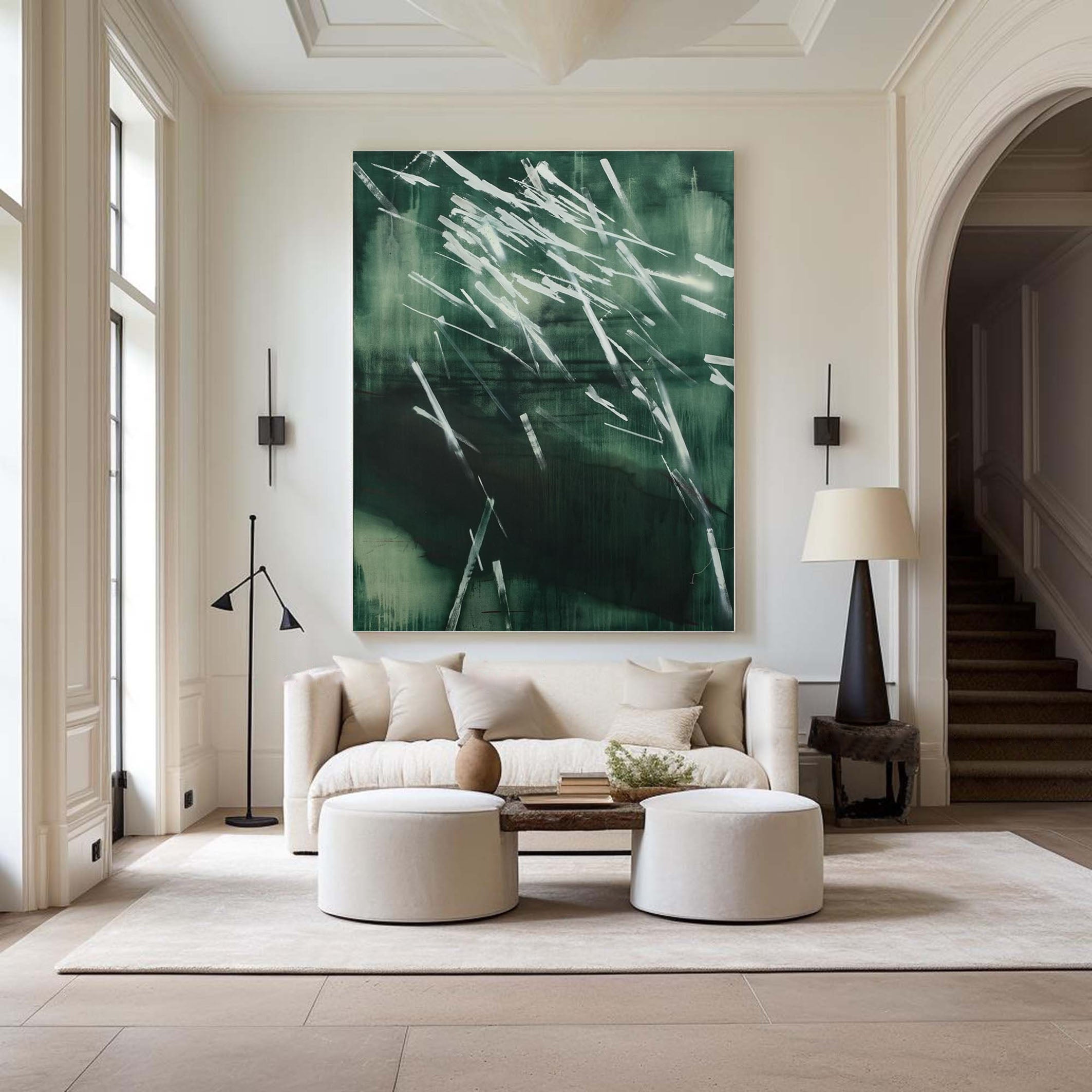 لوحة جدارية تجريدية طبيعية بضربات فرشاة ديناميكية باللون الأخضر الداكن #AB022