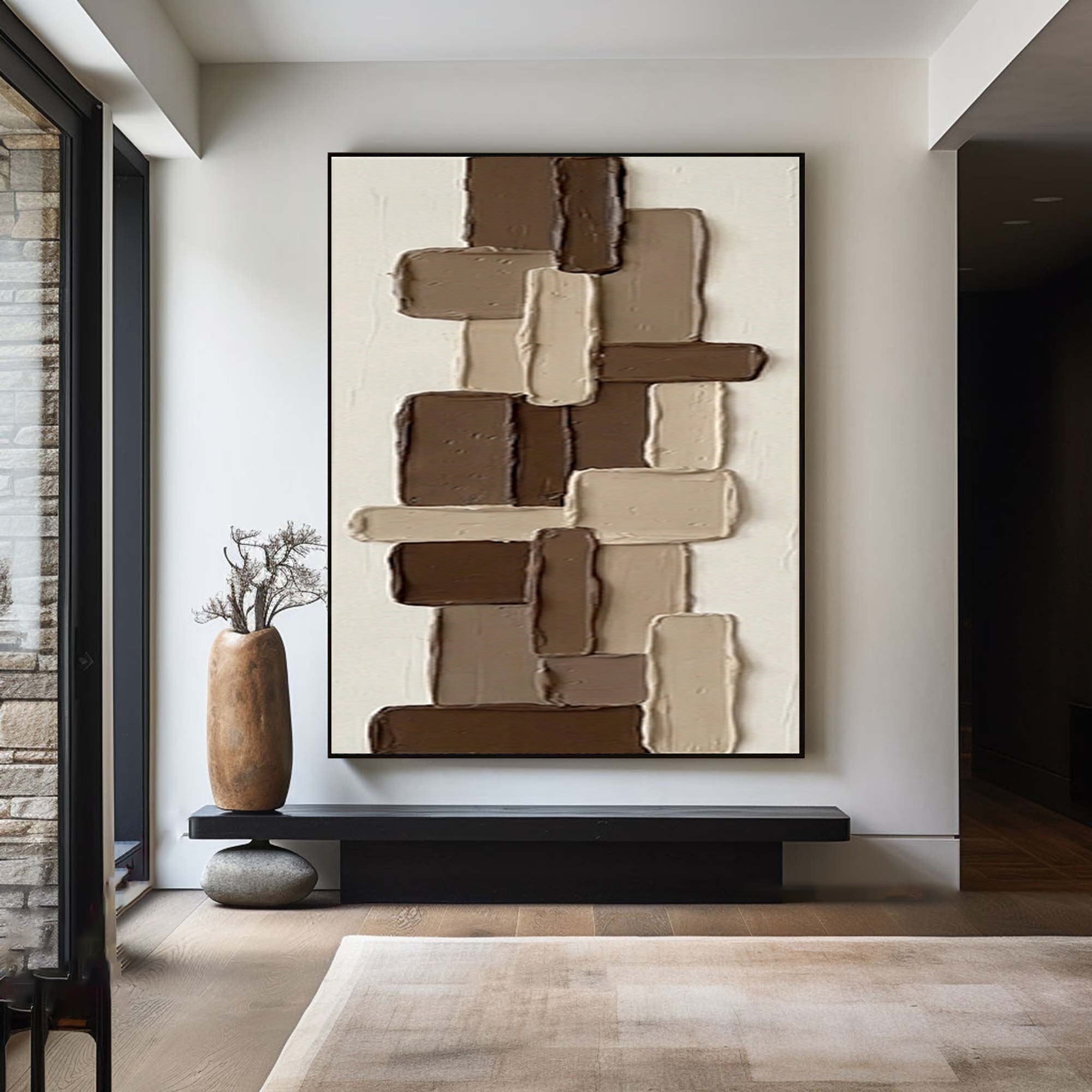Large Contemporary Block Relief Art Brown Neutral Texture Painting