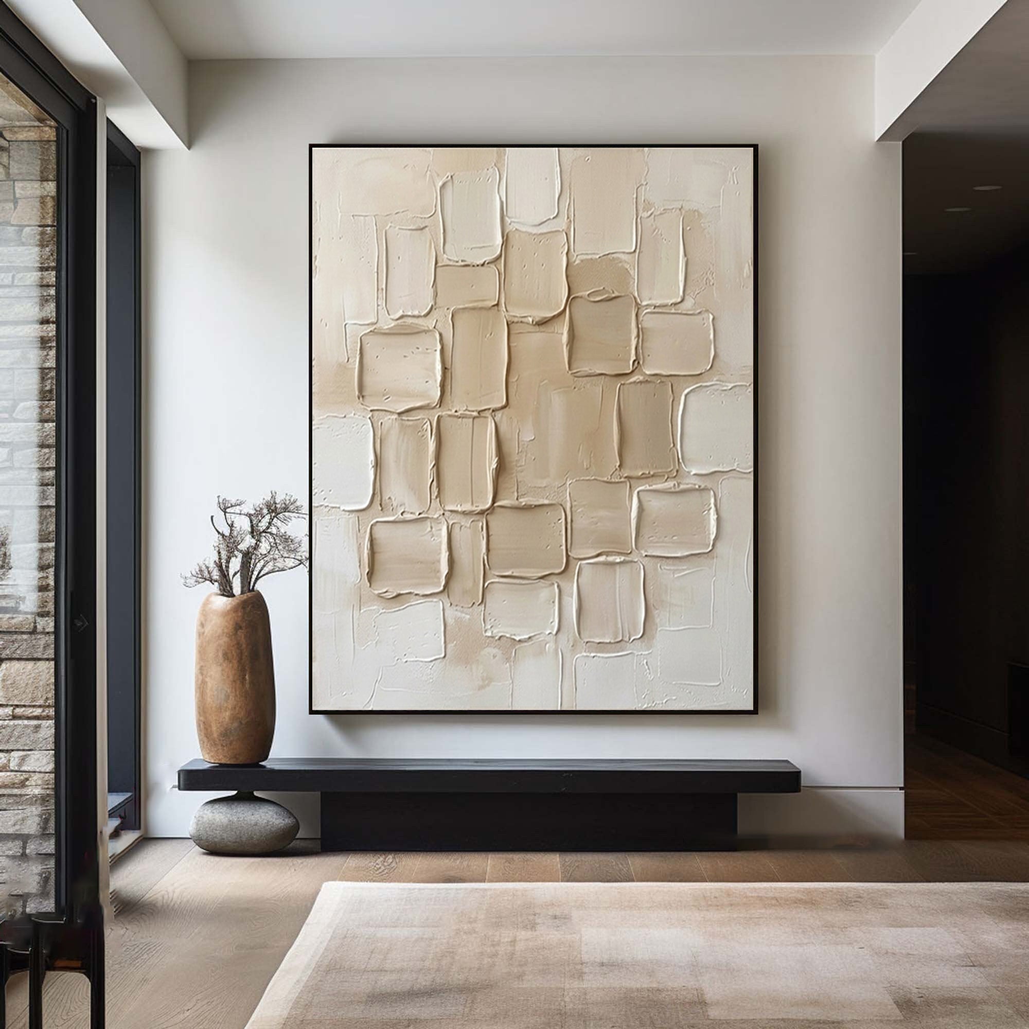Large Ivory Collage Textured Canvas Art Luxury Neutral Wall Decor