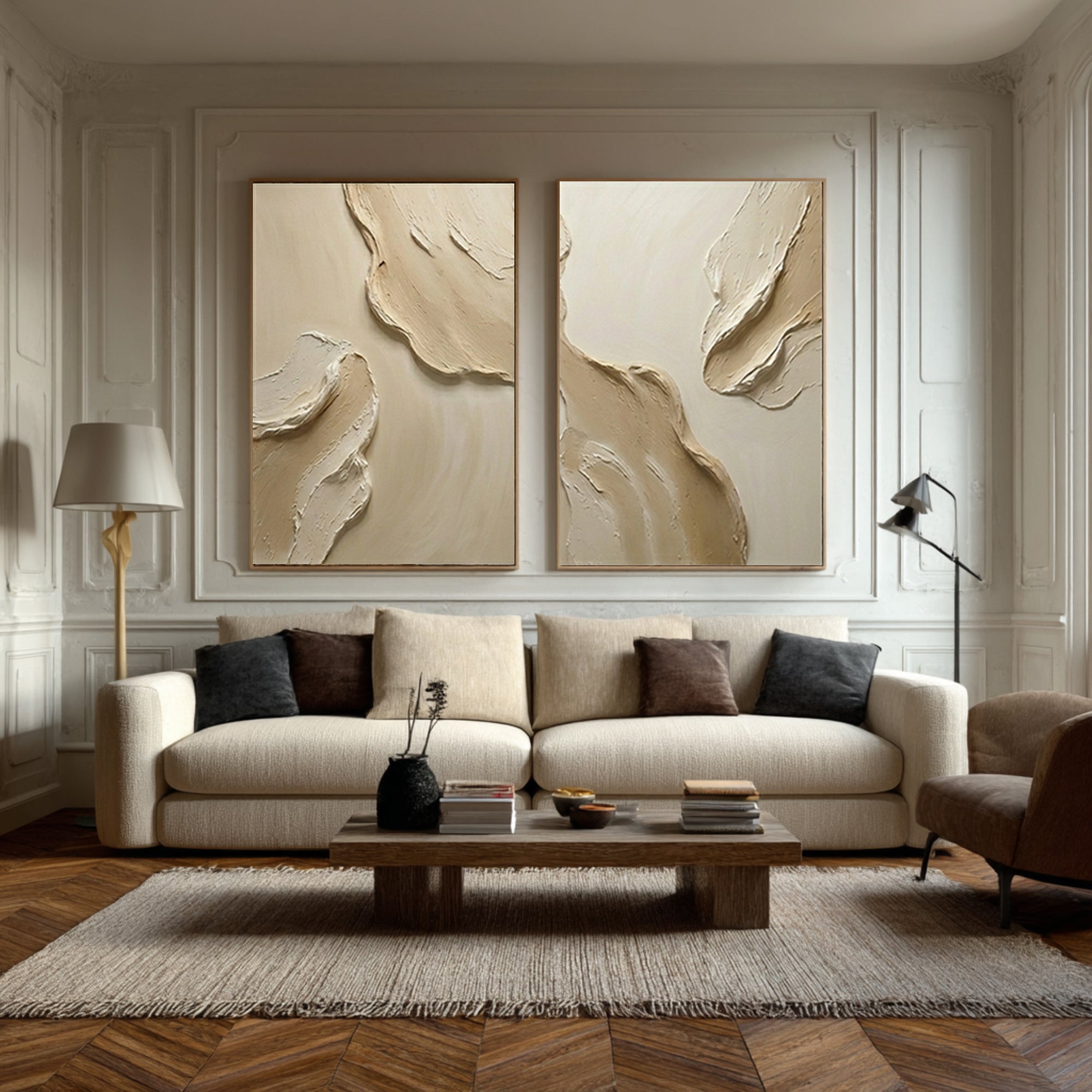 Large Textured Wall Art for Living Room Neutral Diptych Canvas Set