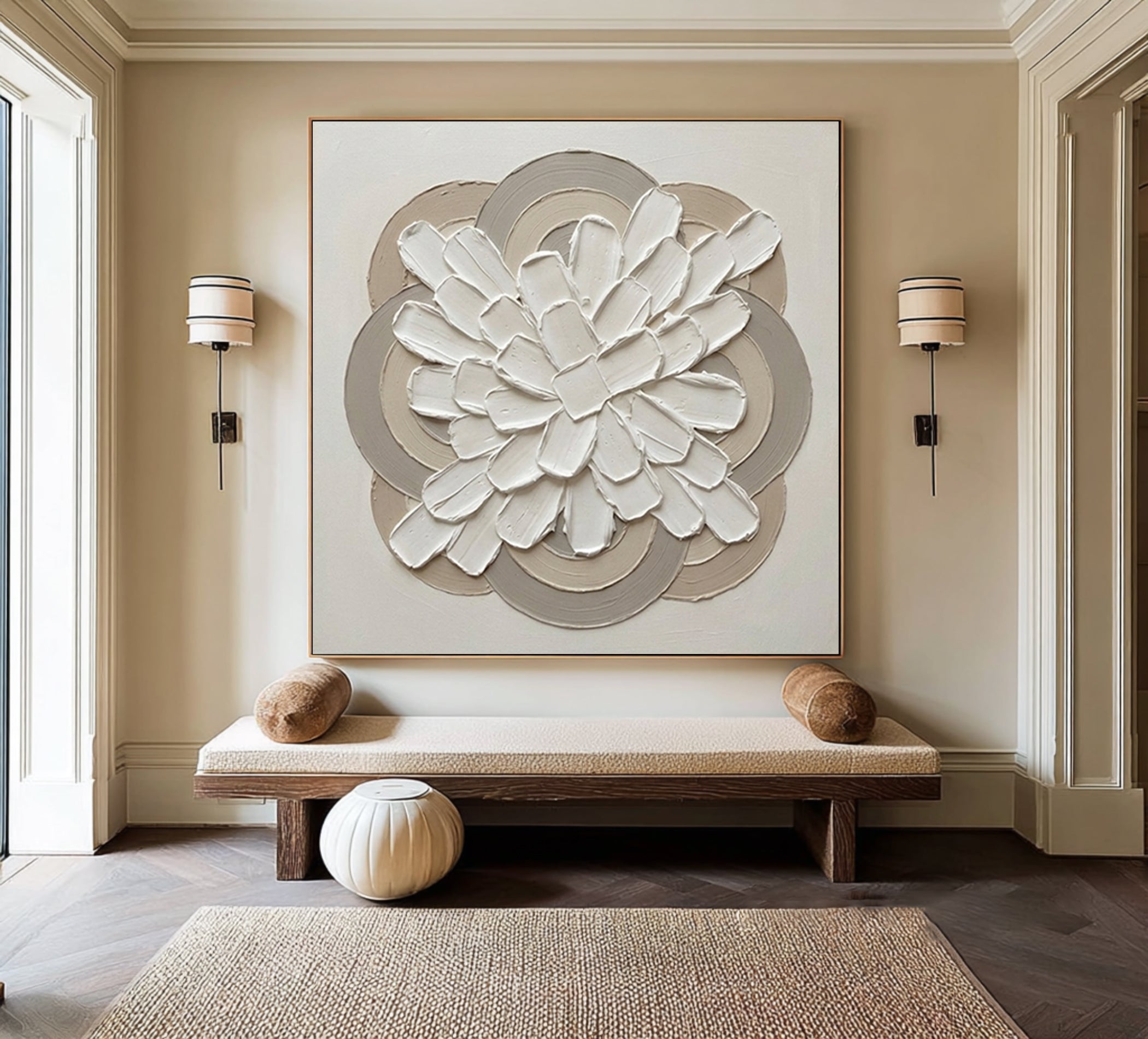 Large Gallery Bloom Circle Wall Art Luxury Neutral Floral Relief Painting